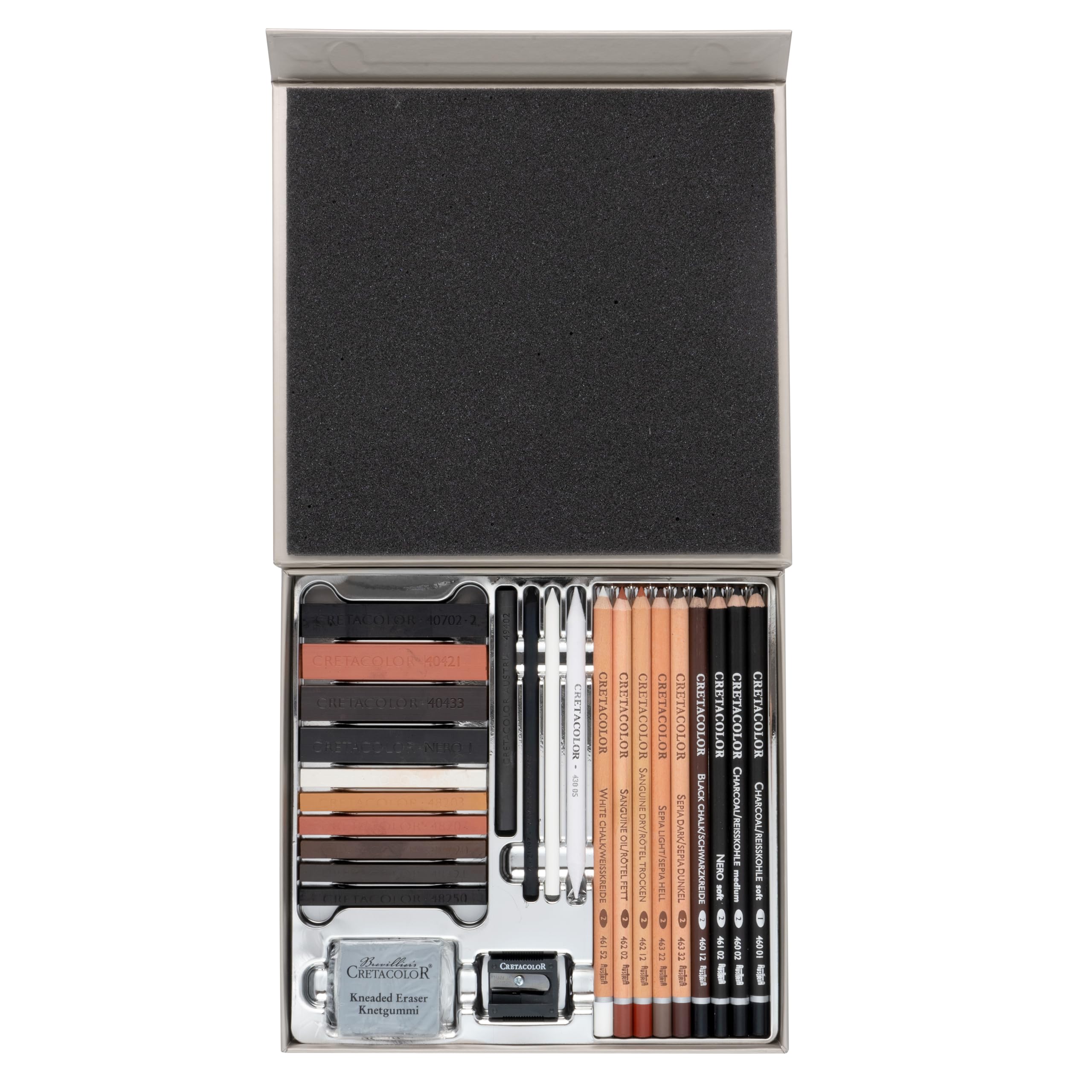 CRETACOLOR Passion Box, set da 25 pezzi per schizzi e disegno, confezione regalo, incl. gomma per carta, gomma impastata e temperino per artisti
