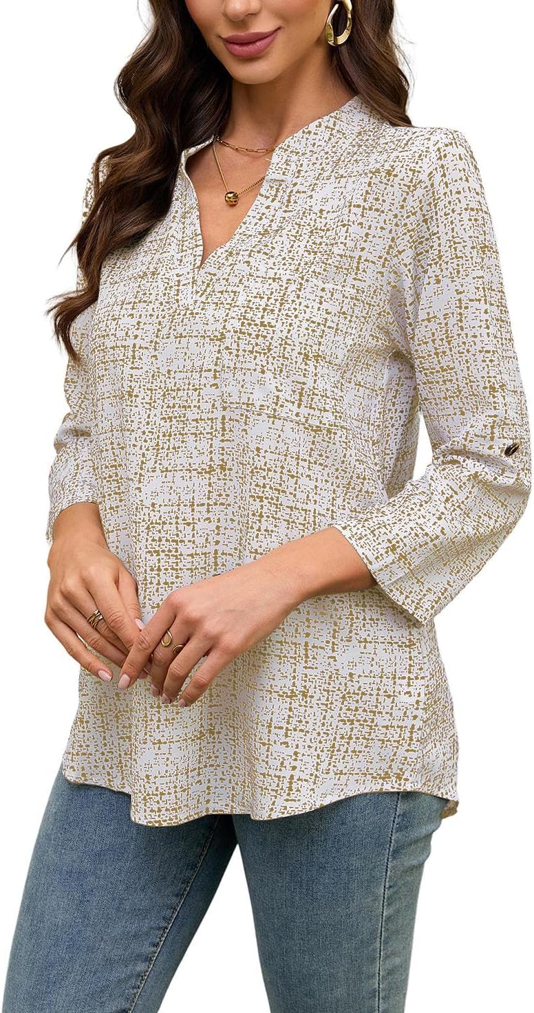 DUKAKII Women's Casual V-Neck Shirt Long Sleeve Button Work Tops Business Casual Summer Floral Tops