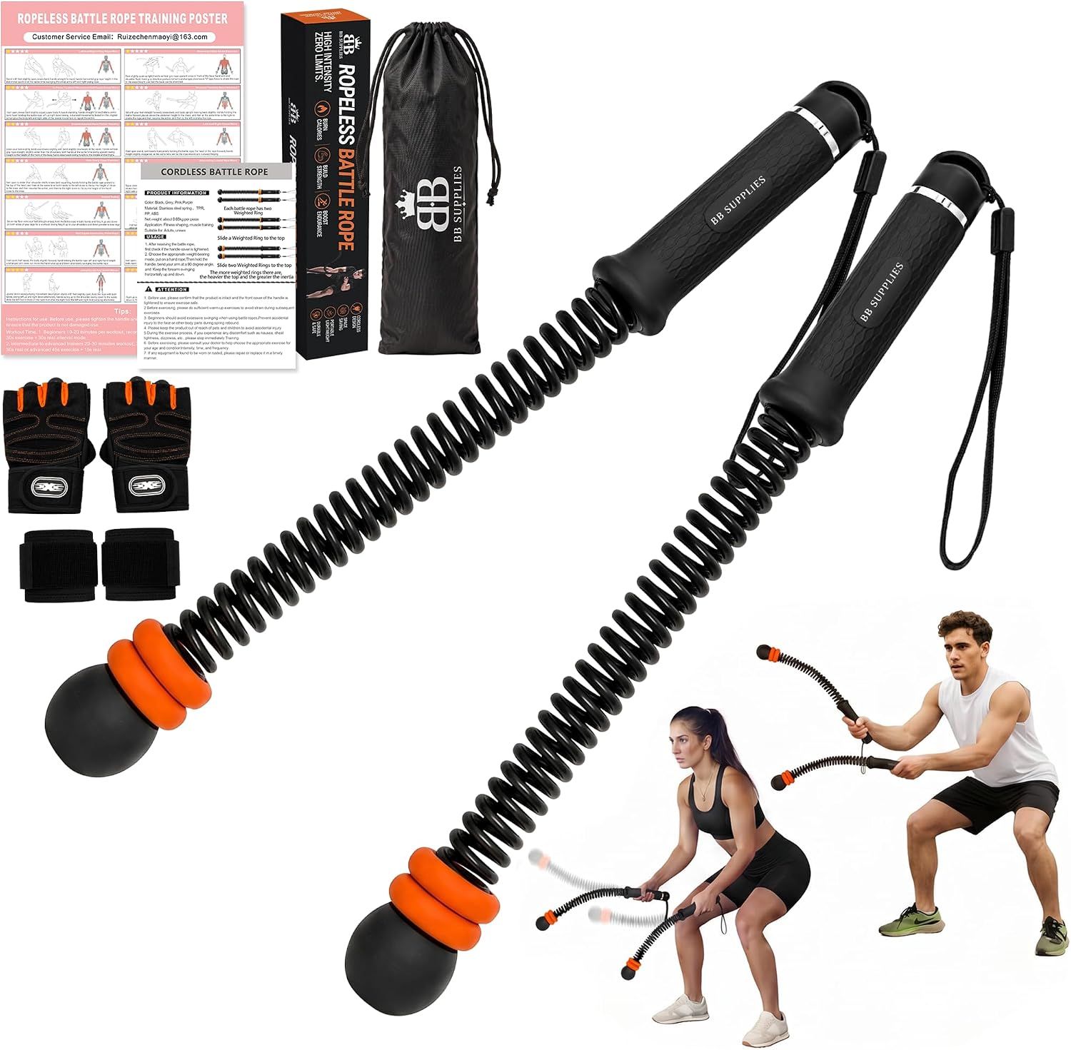 Cordless Battle Ropes Portable Set with Gloves, Wraps, Bag & Poster | Ropeless Battle Ropes for home gym with steel springs, build strength anywhere, includes wrist wraps, gloves, bag and poster