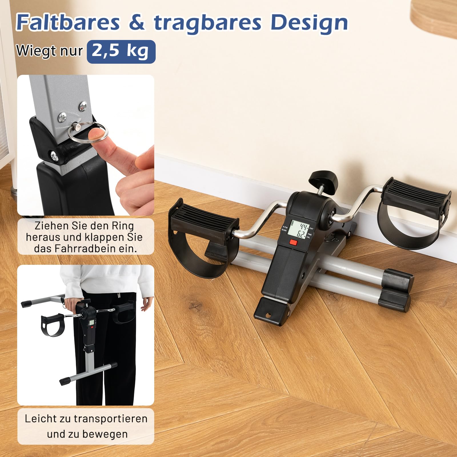 COSTWAY Pedaltrainer für Senioren, Arm und Beintrainer klappbar mit verstellbarem Widerstand & LCD-Display, Mini Heimtrainer unter dem Schreibtisch, Bewegungstrainer für Zuhause & Büro