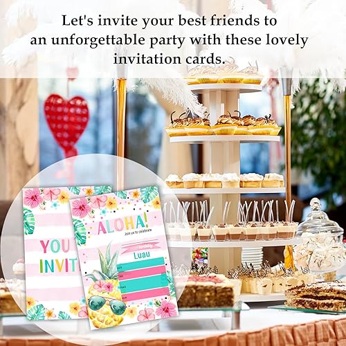 Miniatura 5 de Aloha Luau - Invitaciones de cumpleaños tropicales para niños, tarjetas hawaianas de verano para fiestas en la piscina para niños y niñas, recuerdo