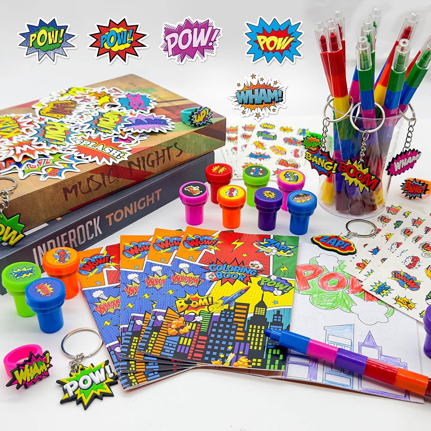 Cinrobiye 72 Pcs Hero Party Favors, Hero Coloring Books, Stickers, Tattoos, Stampers, Keychains, Rings, Rainbow Pencils, Comic Birthday Party Supplies, Goodie Bag Fillers, Prize Bulk Set - Image 4