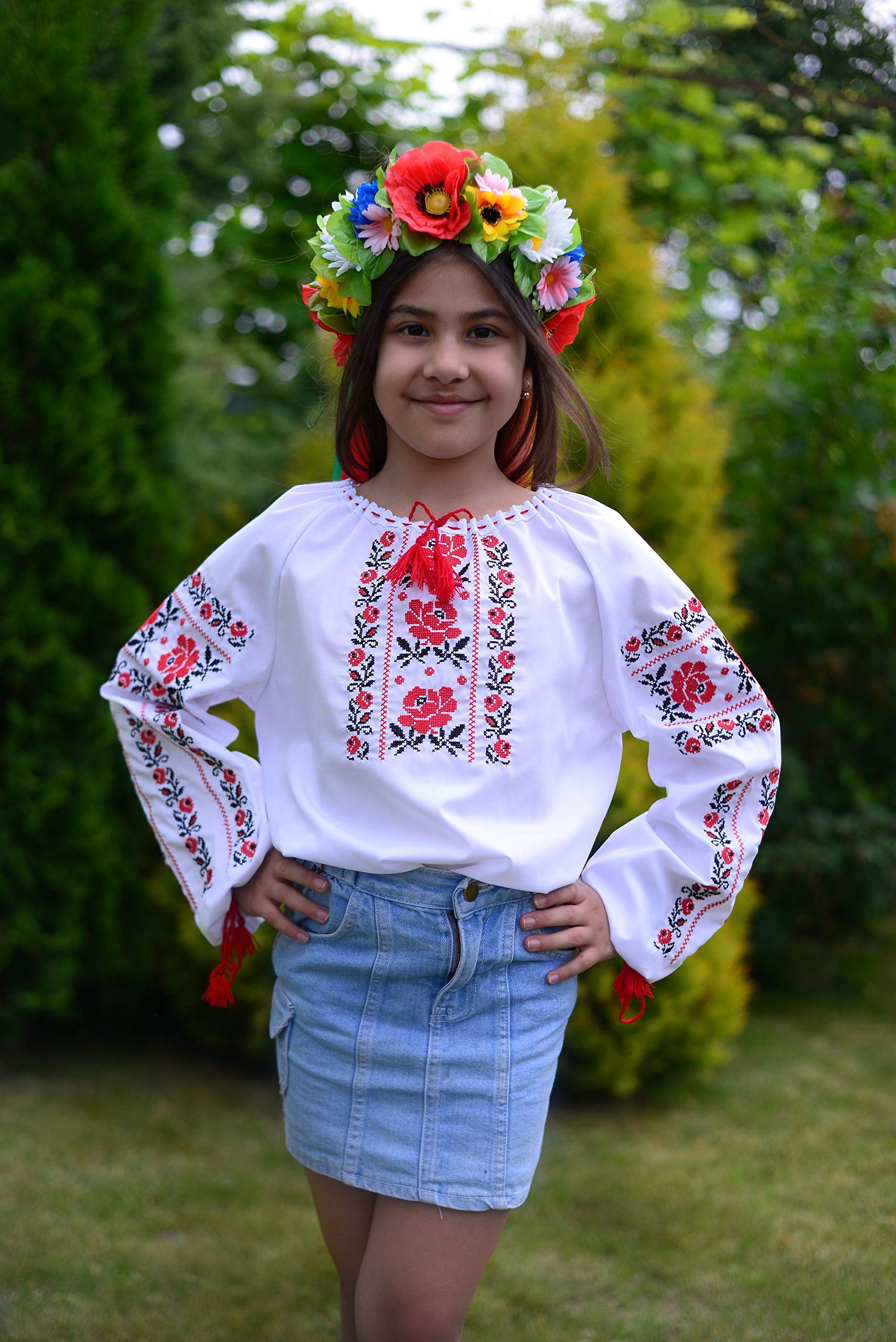 Camicetta popolare ucraina ricamata con cintura per ragazze bianco XX-Large