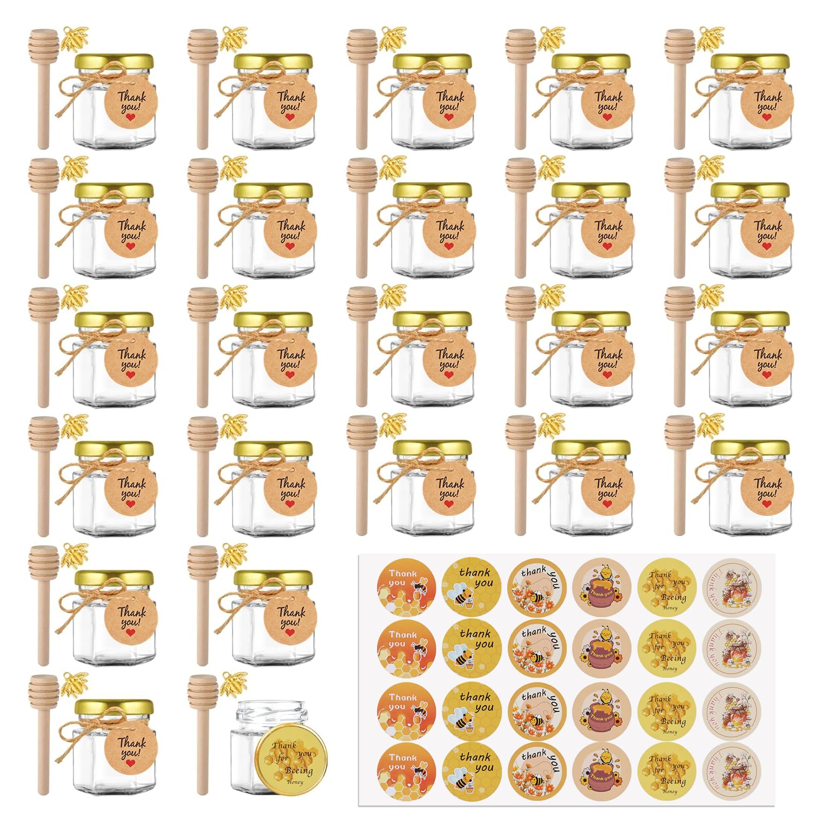 SKYLINK 24Pack 1.5oz Mini Hexagon Honey Jars with Wooden Dippers – Glass Honey Jars with Gold Lids, Tags, Stickers, Bee Pendants & 12m Twine – Perfect for, Wedding & Party Favors