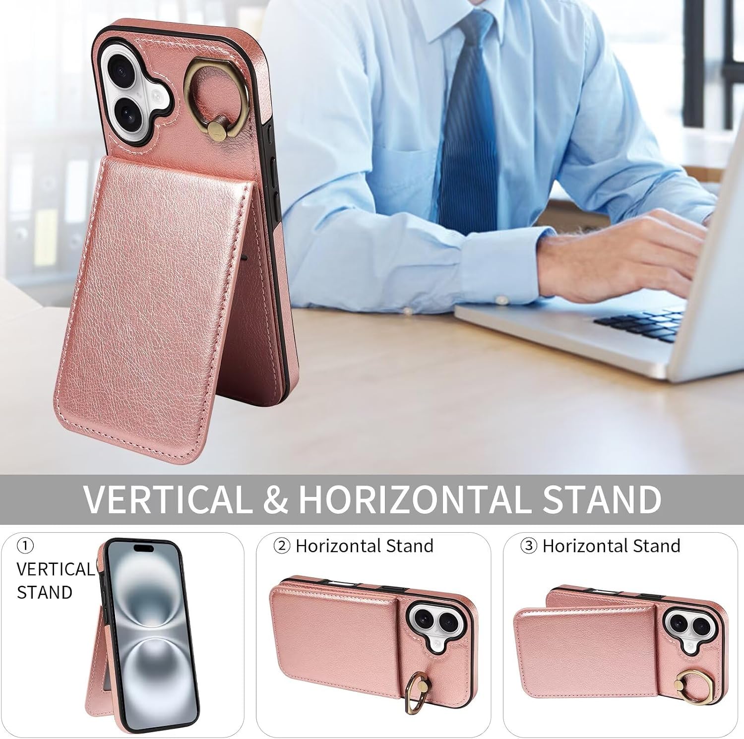 Caseurban Compatible with iPhone 16 Wallet Case with Card Holder, Ejector Pin & SIM Card Storage, 360° Rotation Ring PU Leather Kickstand Card Slots Case Shockproof Protective Phone Cover Rose Gold