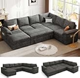 108 Inch U-Shaped Sectional Sleeper Sofa with Pull-Out Bed, 7-Seat Modular Cloud Couch, Removable Washable Cover & Storage, Dark Grey, for Large Living Room,Grey