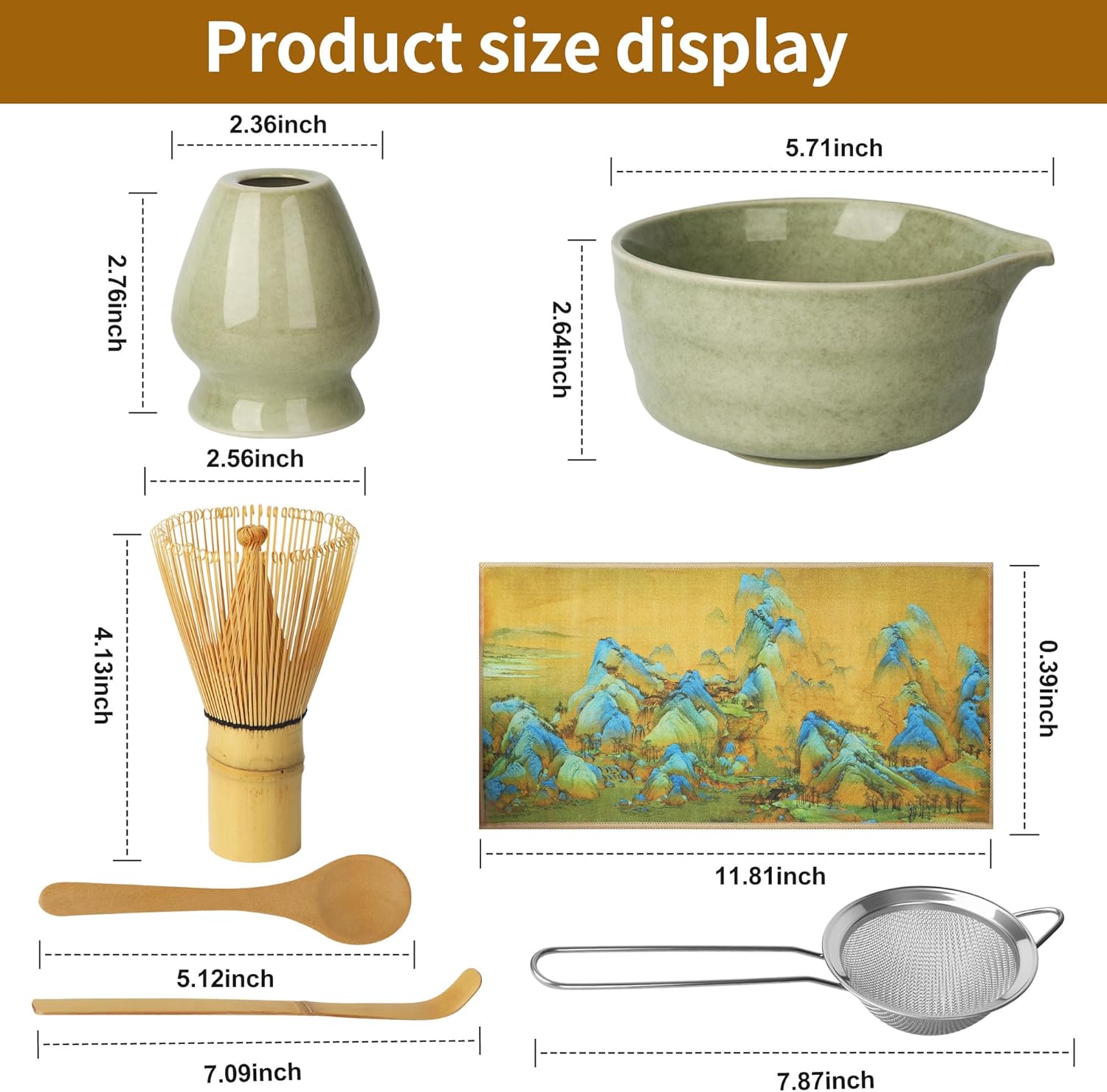 Matcha Set 7 Pieces Matcha Accessories Including Matcha Whisk, Matcha Strainer, Matcha Bowl, Tea Whisk, Tea Towel and Matcha Spoon