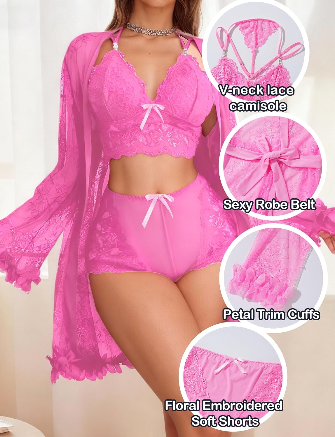 SEAUR Women's 3 Piece Lingerie Set Lace Bralette Panty with Kimono Robe Sleepwear Nightwear