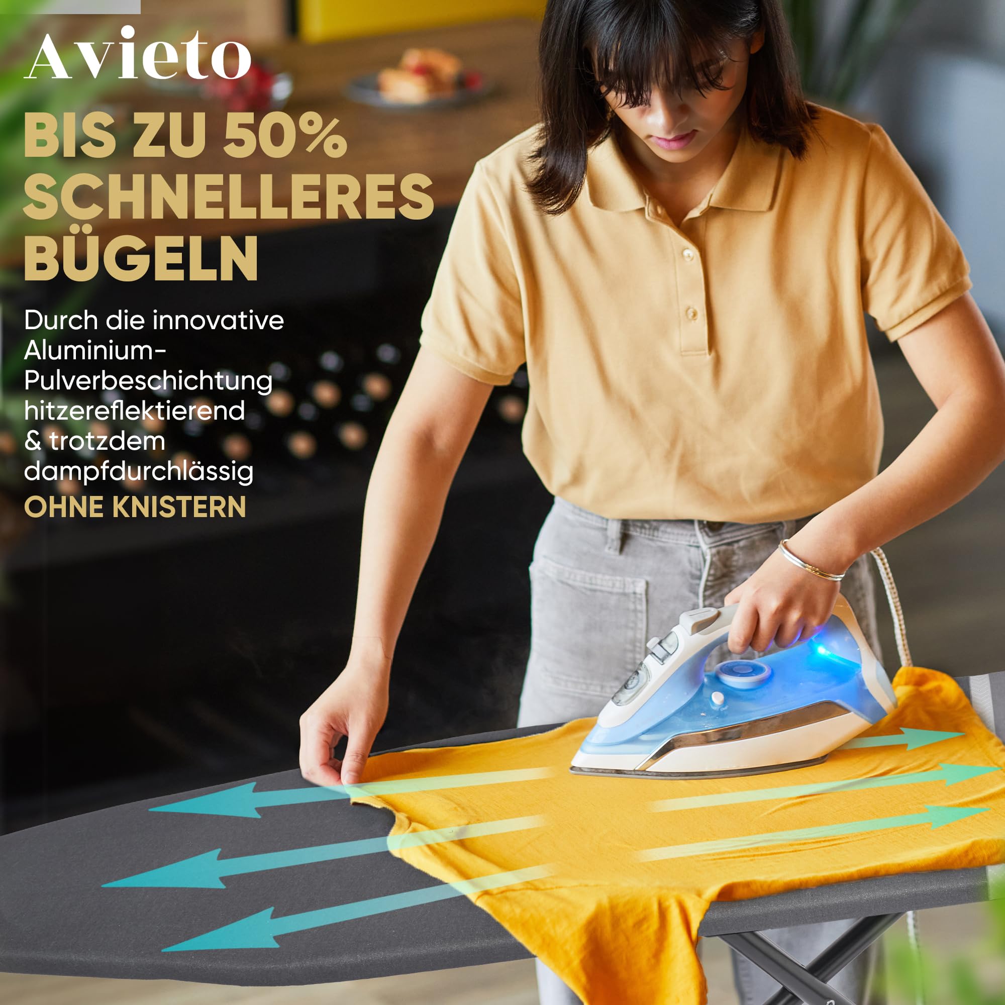 Avieto XXL Bügelbrett 124x43 cm für Dampfbügeleisen und Normale Bügeleisen | Bezug 5 Lagig Dampdurchlässig Hitzreflectierend GlideCharge & Park Place
