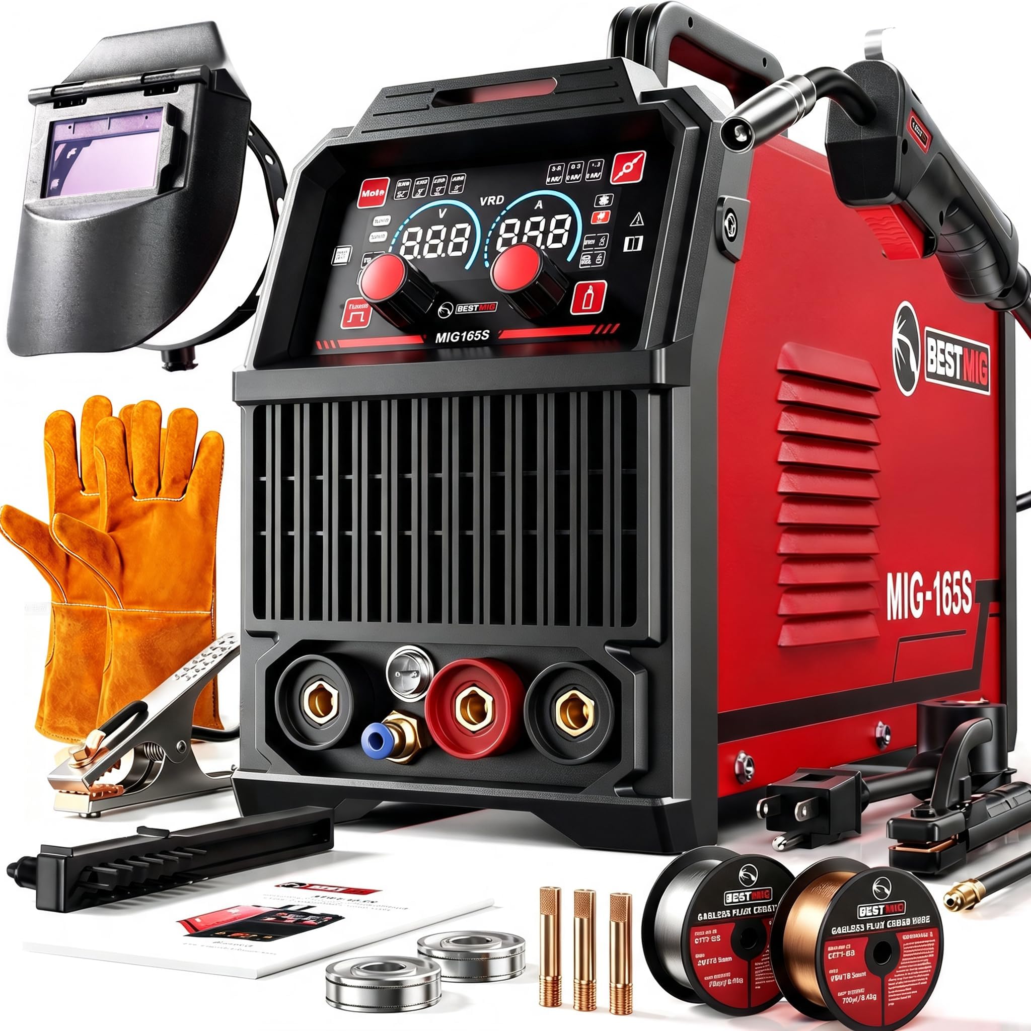 BESTMIG 165S MIG Welder 110V/220V Dual Voltage, 4 in 1 Multi-Process Welding Machine (Gas &amp; Gasless Flux Core/TIG/Stick), Synergic Inverter Welder Machine Portable Wire Welder Kit with Helmet &amp; Gloves