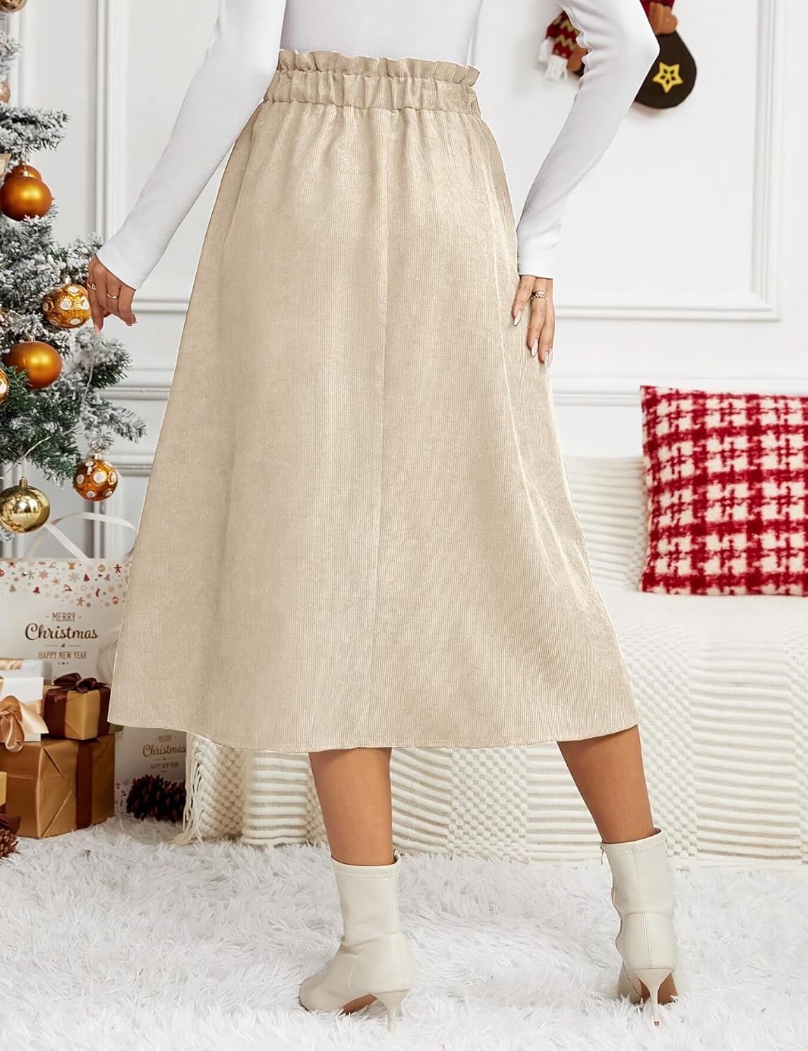 IDEALSANXUN Womens Corduroy Skirts Fall Winter High Waisted A Line Pleated Midi Skirt - Image 4