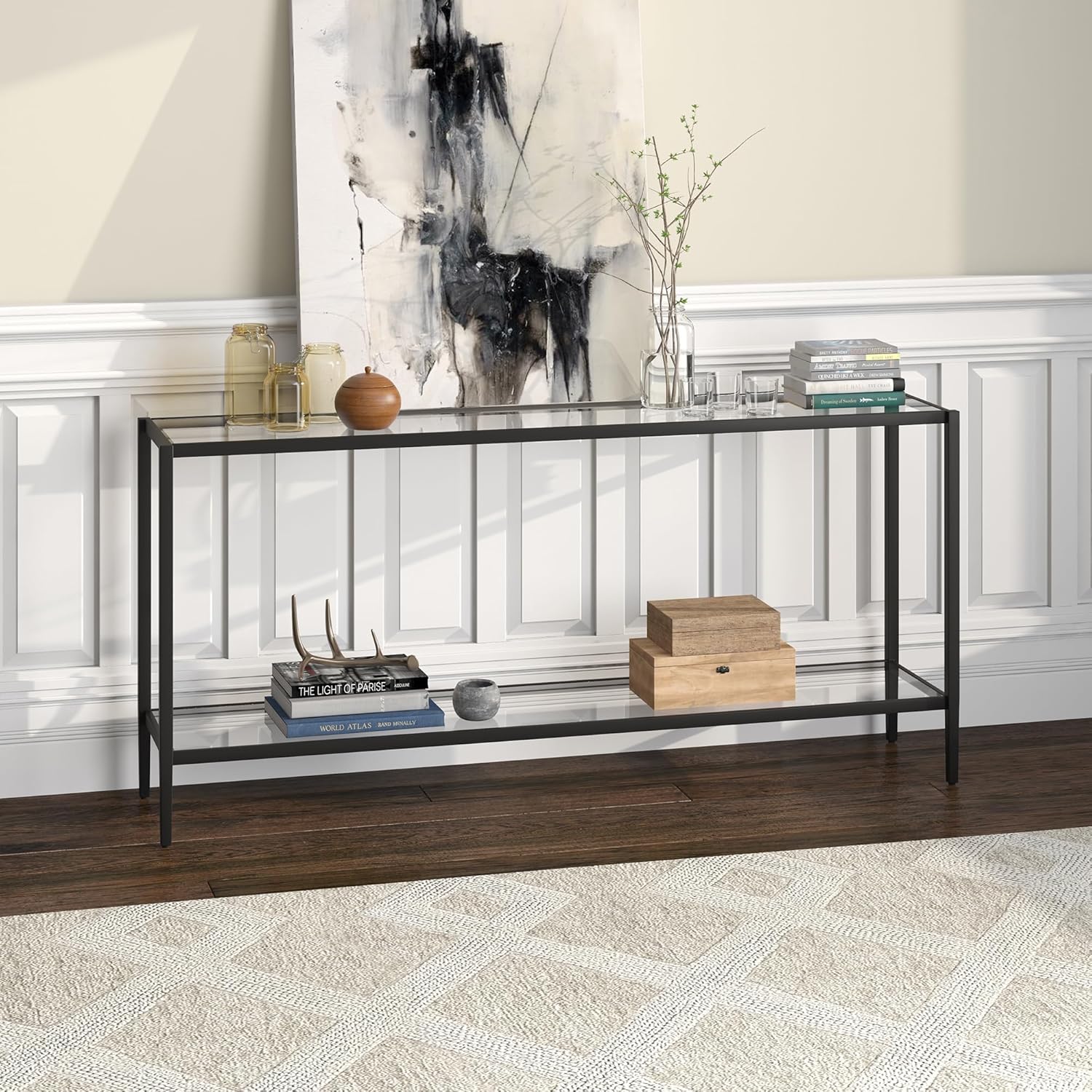 Henn&Hart 64" Wide Rectangular Console Table with Glass Shelf in Blackened Bronze, Entryway Table, Accent Table for Living Room, Hallway