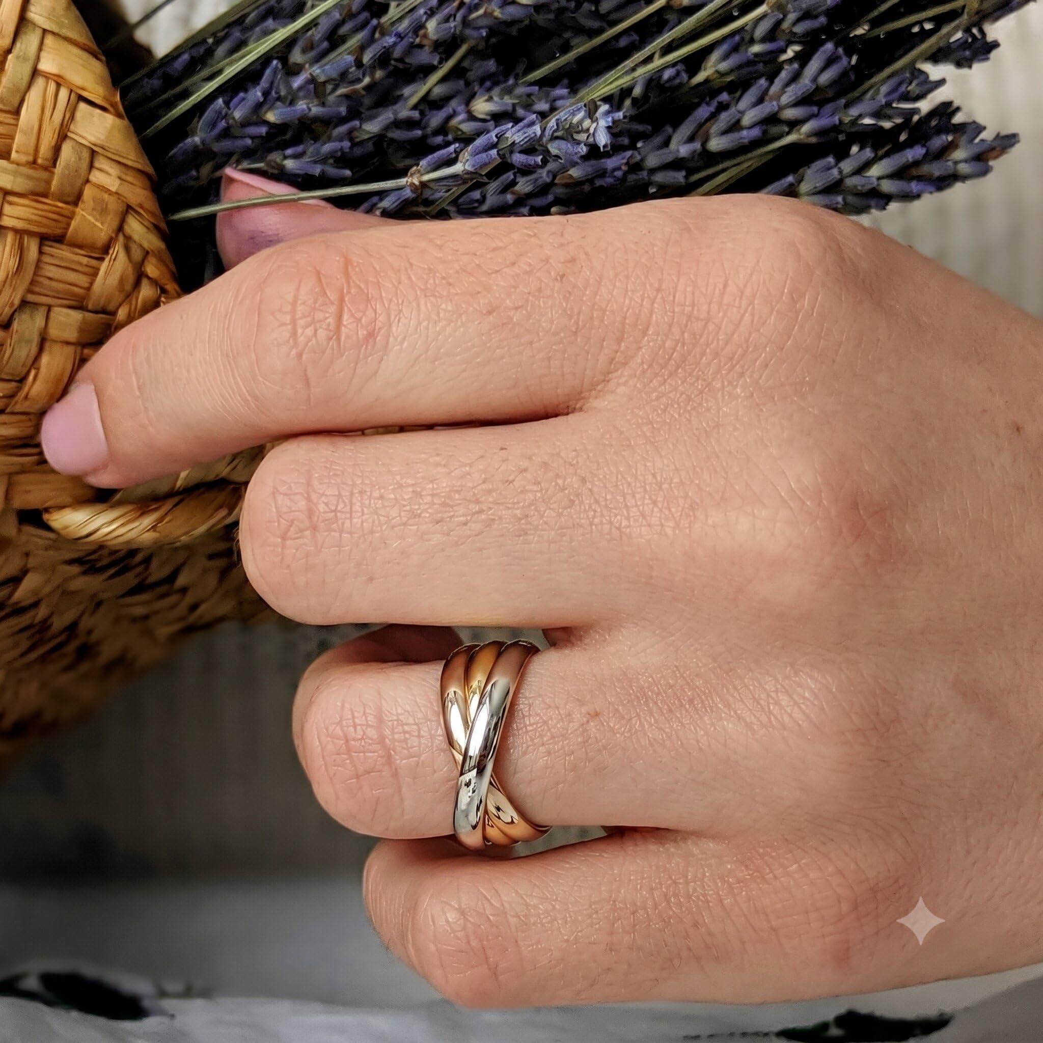 Silverly Russischer Ehering aus Sterlingsilber mit Dreifacher Eheringvergoldung und Roségelbgold | Damenring aus Poliertem 925er Silber | Eheringe für Sie und Ihn | Dreifarbige Sterlingsilberringe
