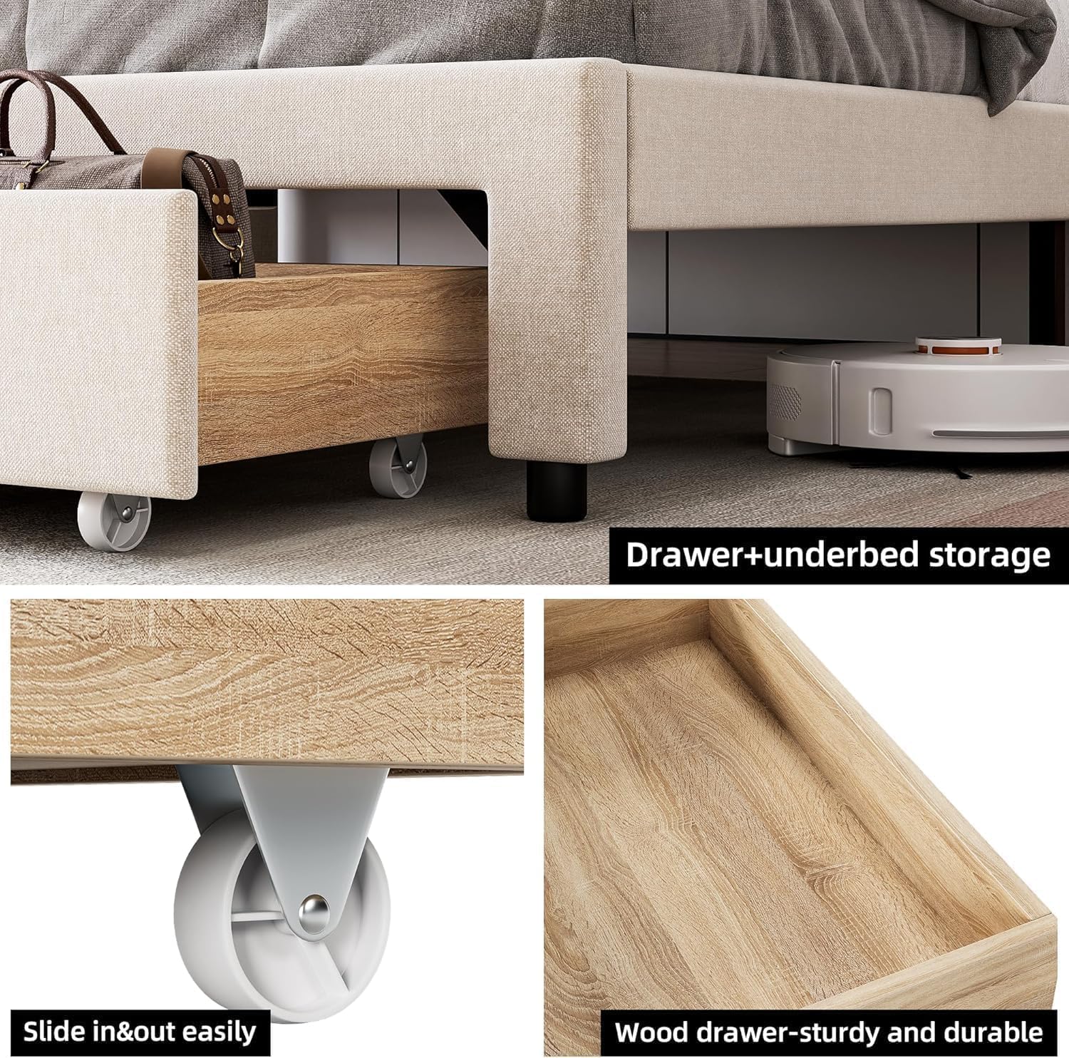 King Size Bed Frame, Upholstered King Bed Frame with Storage Headboard,Platform Bed Frame King Size with Drawers,Heavy Duty King Bedframe and Headboard with Charging Station,No Box Spring Needed,Beige