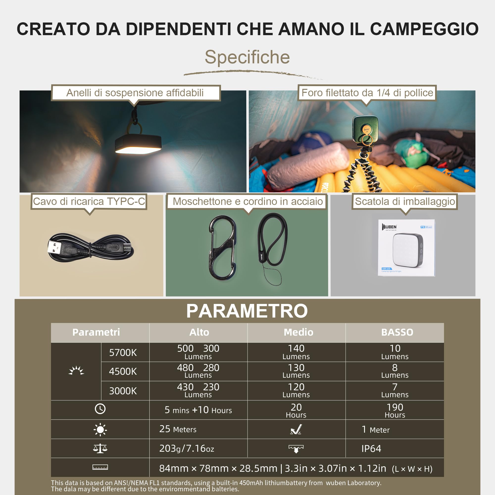 WUBEN F5 LED Lanterna da Campeggio, Luce da campeggio ricaricabile, Lampada da tenda portatile, 3 modalità di luce, IP64 impermeabile, 500 lumen per campeggio, lettura, tenda, escursionismo, emergenza