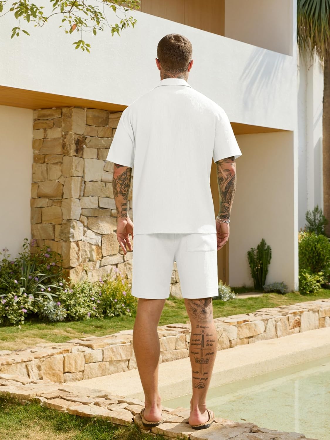 JEMLDL Men's 2 Piece Shorts Set Summer Beach Outfits Short Sleeve Button Down Shirts Vacation Textured Sets - Image 2