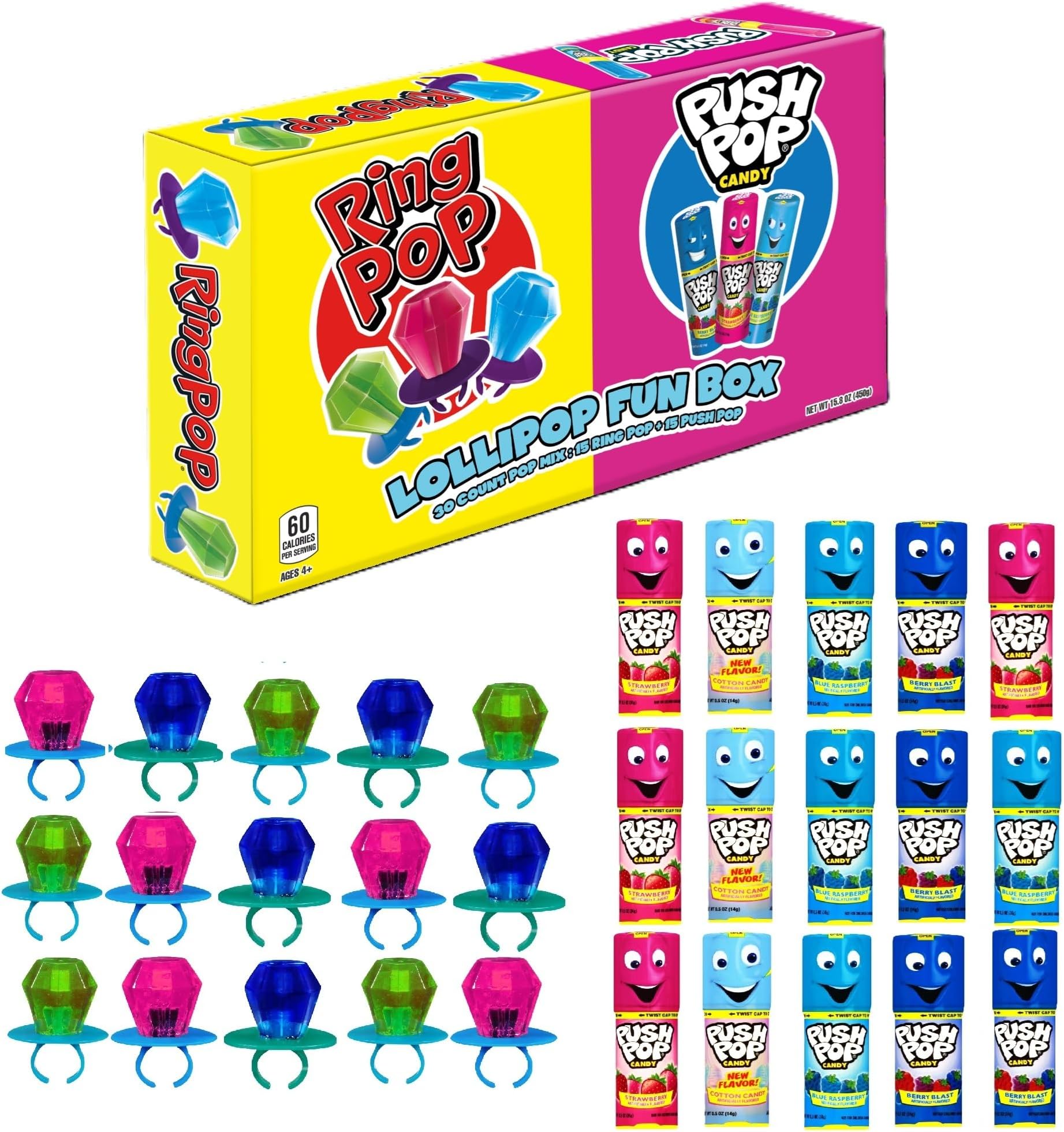 Bazooka Brands Candy Variety Pack, 30 Ct Bulk Individually Wrapped Hard Candy in Assorted Flavors from Push Pop and Ring Pop, Full Size, Fun Bulk Assortment For Party Favors & Goodie Bags