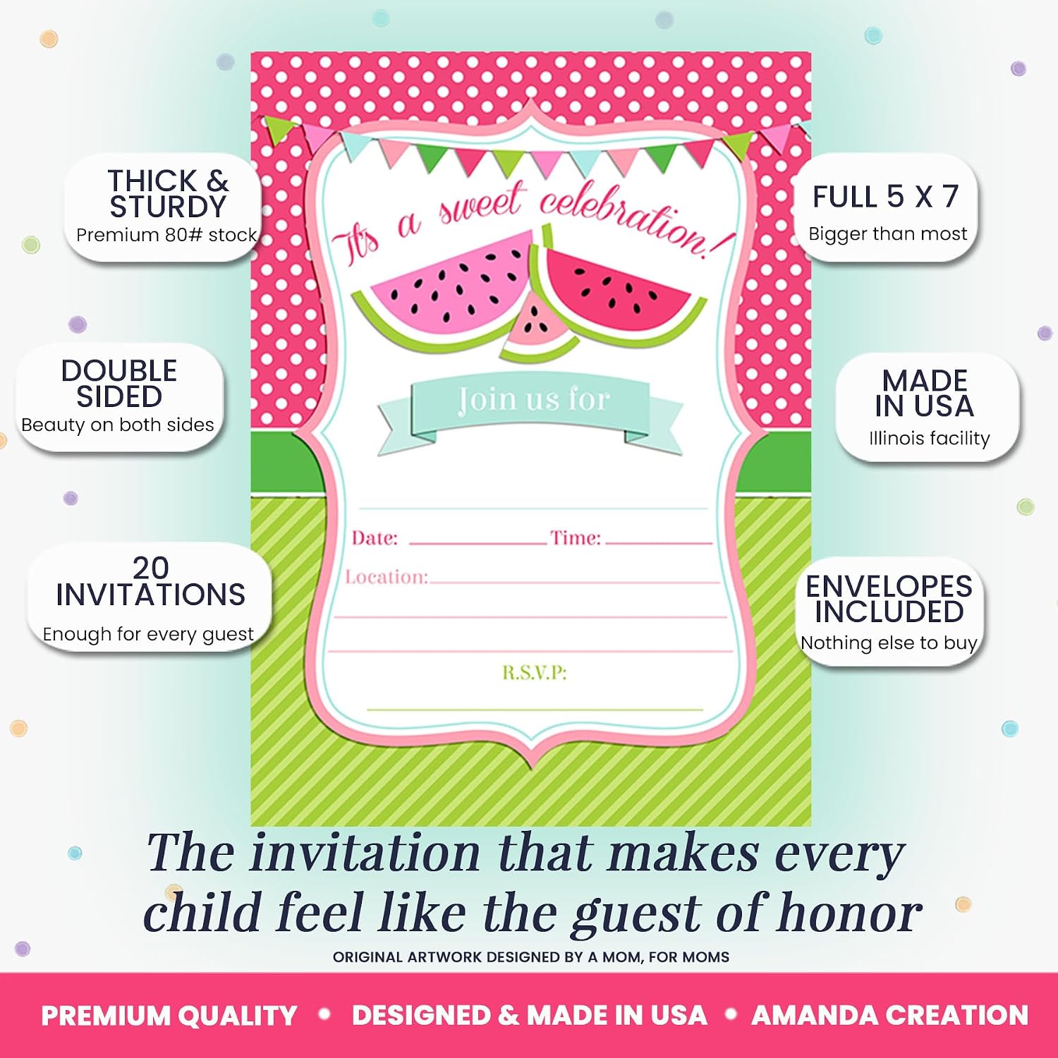 Watermelon Sweet Celebration Birthday Party Invitations, 20 5x7 Fill In Cards with Twenty White Envelopes by AmandaCreation