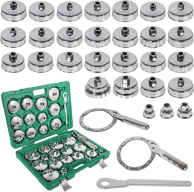 31 PCS Auto Oil Filter Socket Wrench Cup Type 3/8 inch Drive Cap Removal Tool Set Compatible with BMW, Volvo, Honda, Audi, Ford, Toyota, Nissan etc.