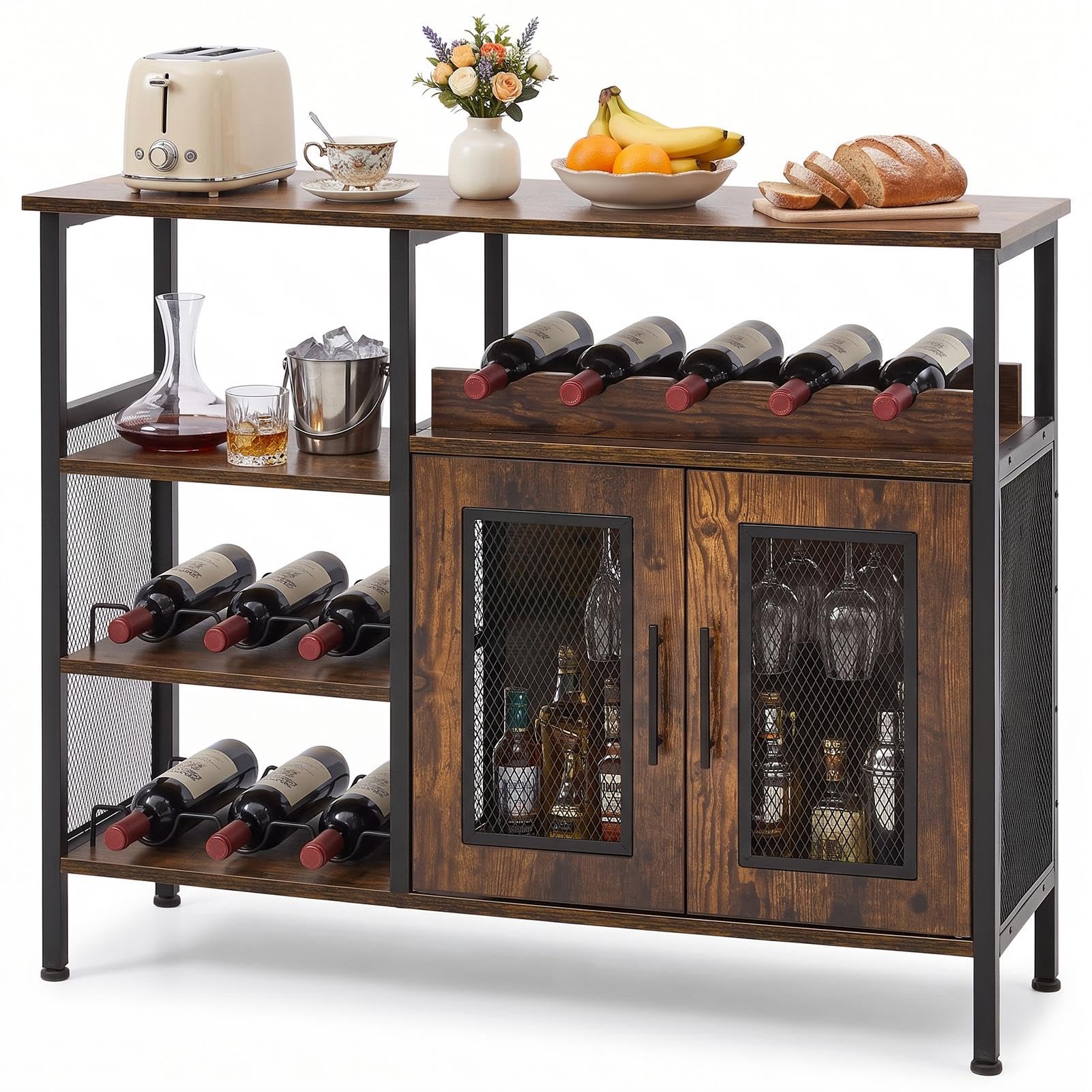 Warmiehomy Industrial Wine Bar Cabinet, Sideboard Buffet Storage Cabinet