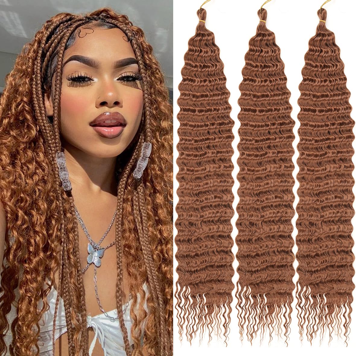 Kachanaa 24 Inch Ocean Wave Crochet Hair Synthetic Crochet Braiding Hair for Boho Box Braids 3 Pack Honey Brown Pre-Separate Deep Wave Braiding Hair Extensions for Goddess Braids /30#