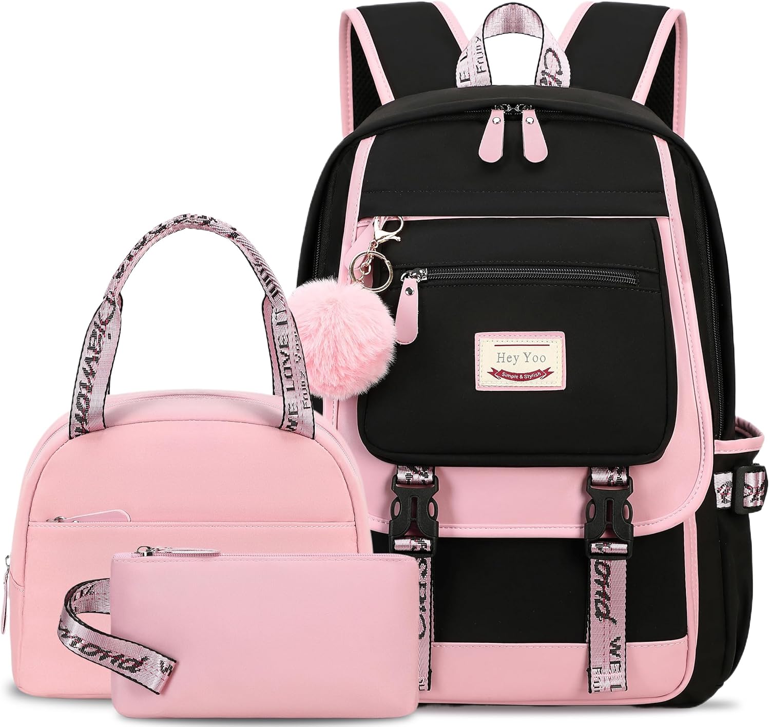 Hey Yoo School Backpacks for Girls Backpack with Lunch Box Teen Girl Bookbag Set Cute School Backpack for Girls (Pink)