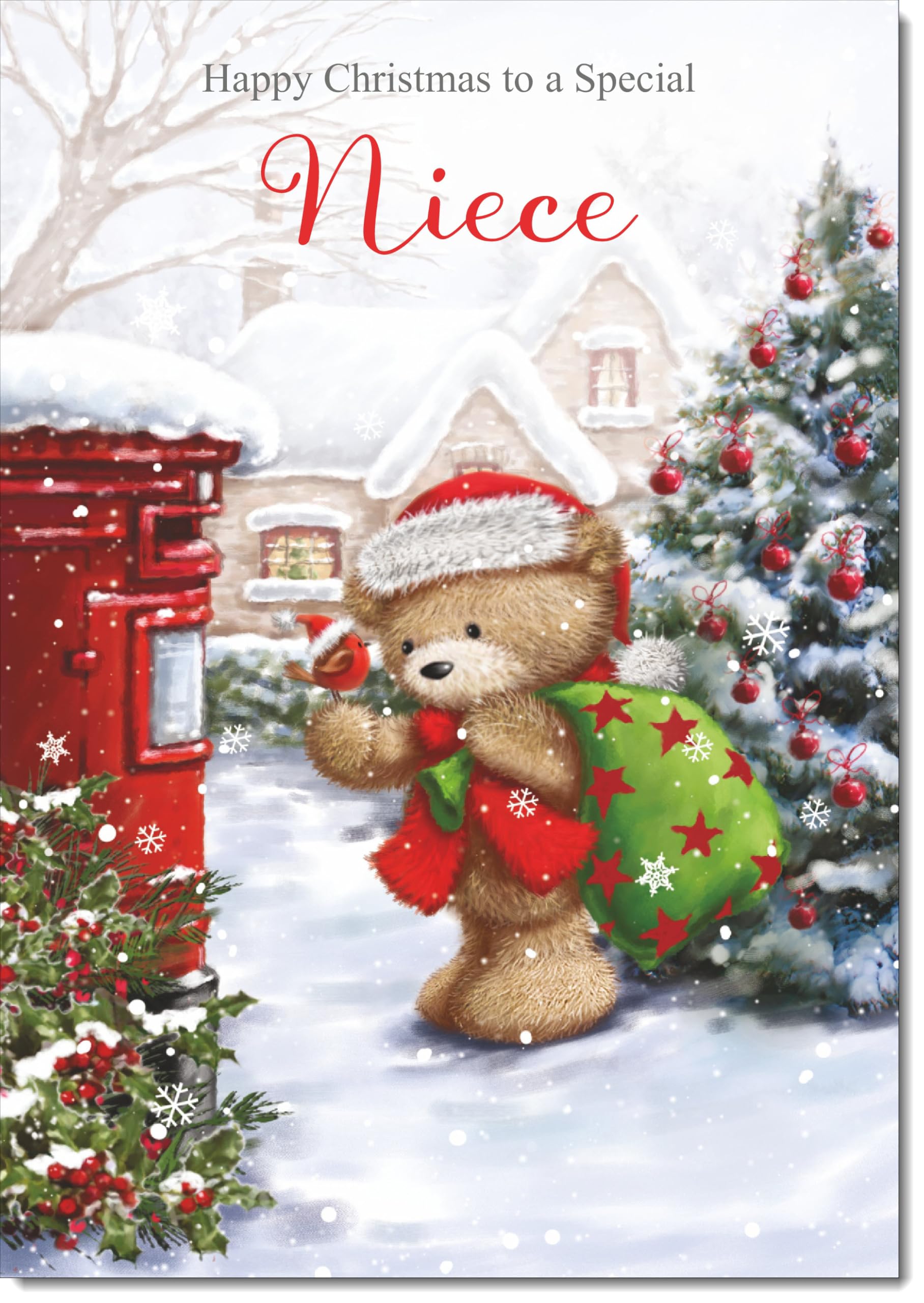 doodlecards Niece Christmas Card Cute Bear Posting a Letter Large A4 Size Christmas Card for Niece with Plain Envelope