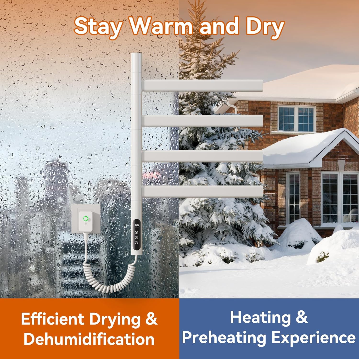 Tower Warmer Rack, 4 Bars Wall Mounted Electric Heated Towel Rack with Timer and Multi-Stage Temperature Regulation, Hard-Wired & Plug in (White)