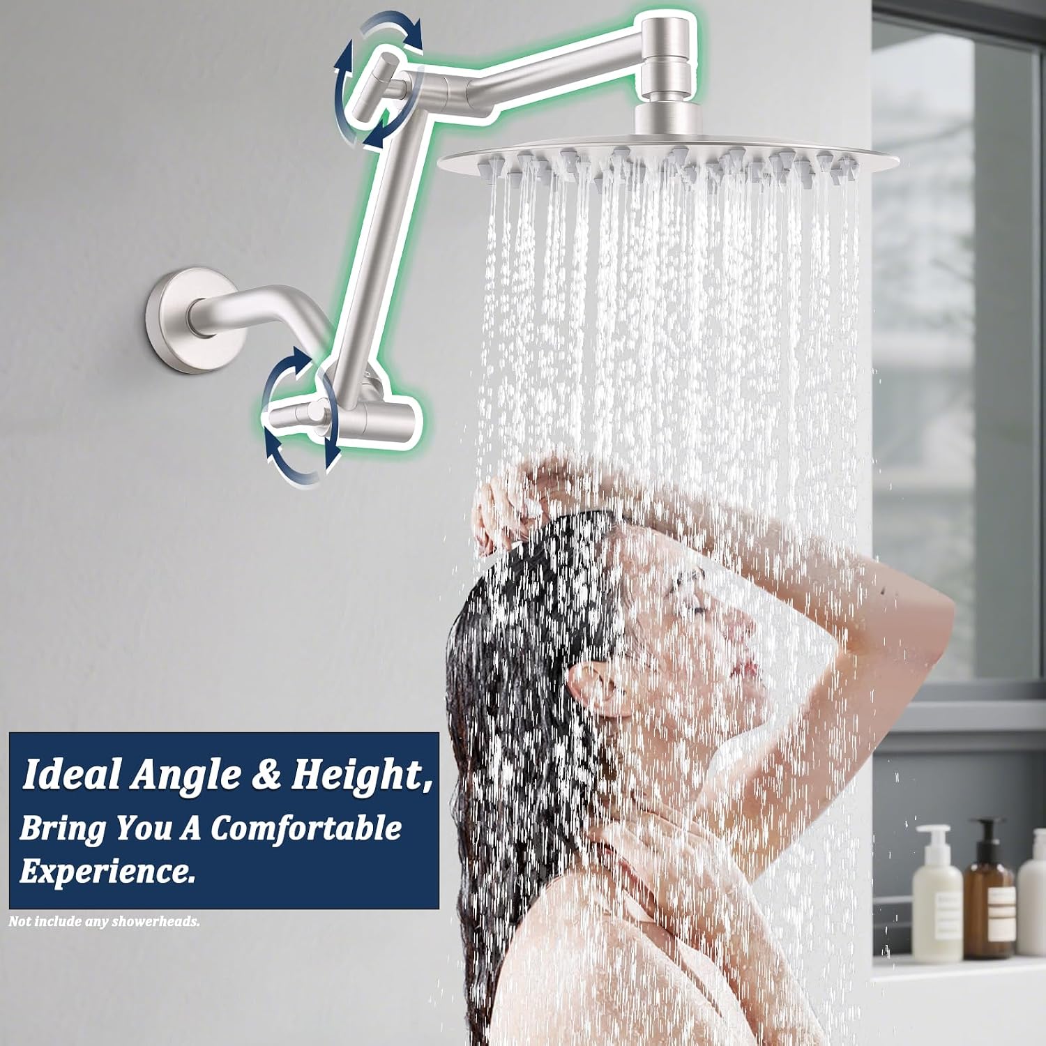 Solid Brass Shower Head Extension Arm, 13 Inch Adjustable Shower Arm - Height & Angle Adjustable Extender, Universal G1/2 Connector for Rainfall or Fixed Showerhead (Brushed Nickel)