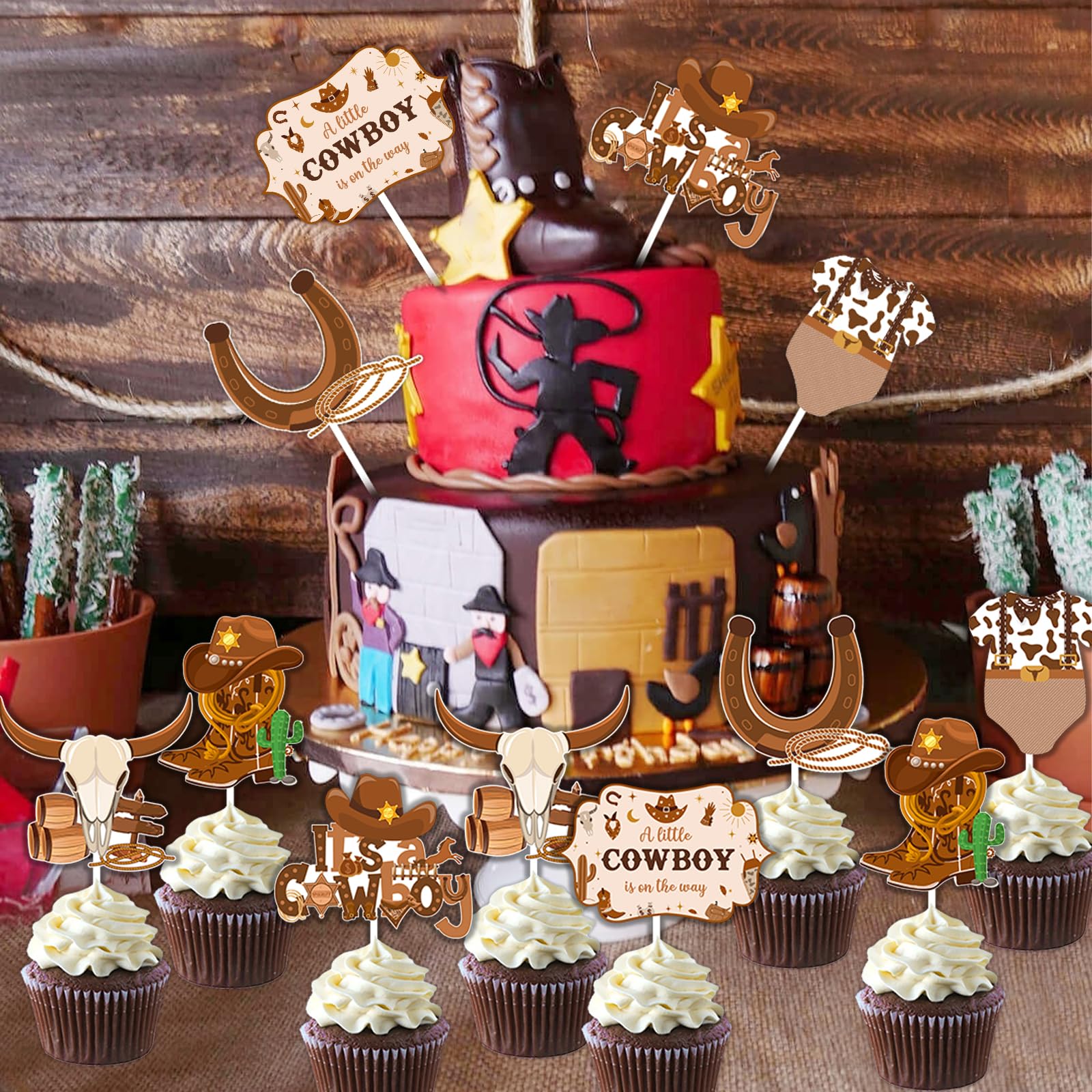 Cowboy Cake Topper – Glitzernder Kuchenaufsatz Für Western-Partys, Mit 'A Little Cowboy Is On The Way'