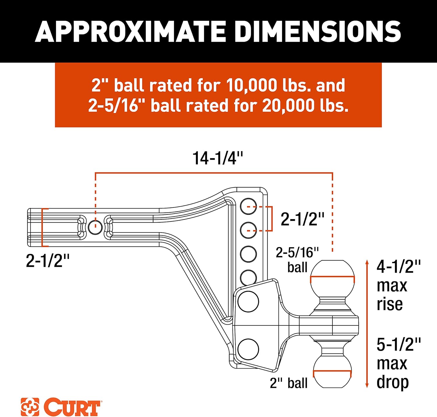 CURT 45937 HD Adjustable Hitch Ball Mount with Dual Ball, 2-1/2" Shank, Up to 20,000 lbs