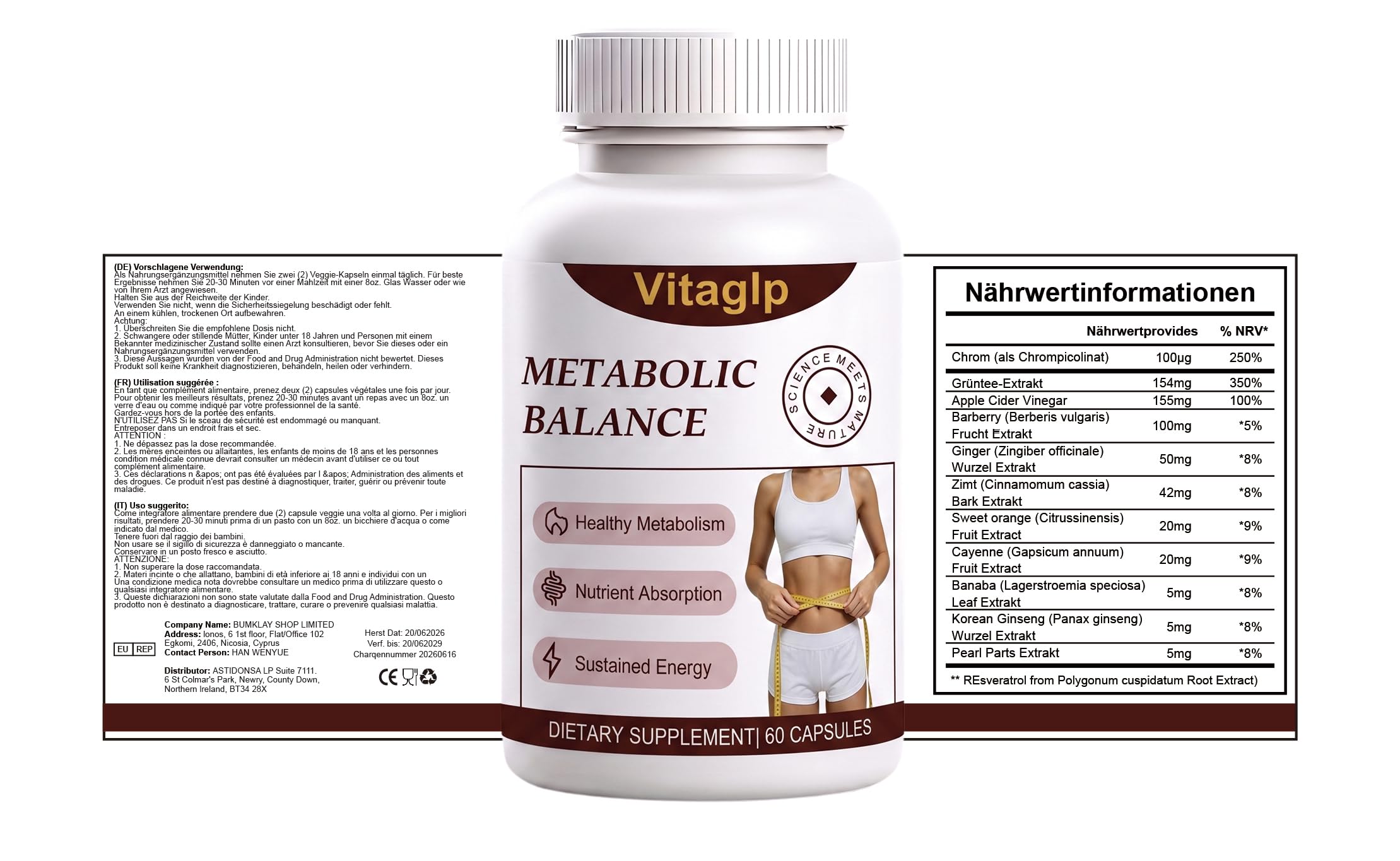 Vitaglp Nahrungsergänzungsmittel – 60 Kapseln – Vita Glp Kapseln Metabolic Balance mit Grüntee-Extrakt, Apfelessig, Ingwer, Zimt, Chrom und Pflanzenextrakten – Für deine Körperliche Balance,3pc