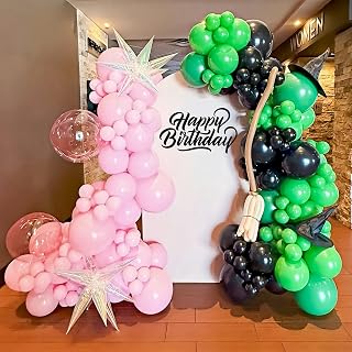 Green and Pink Balloon Garland Arch Kit, 153pcs Pink Green Black Balloons with Iridescent Exploding Star Broom Balloons for Witch Themed Birthday Baby Shower Decoration