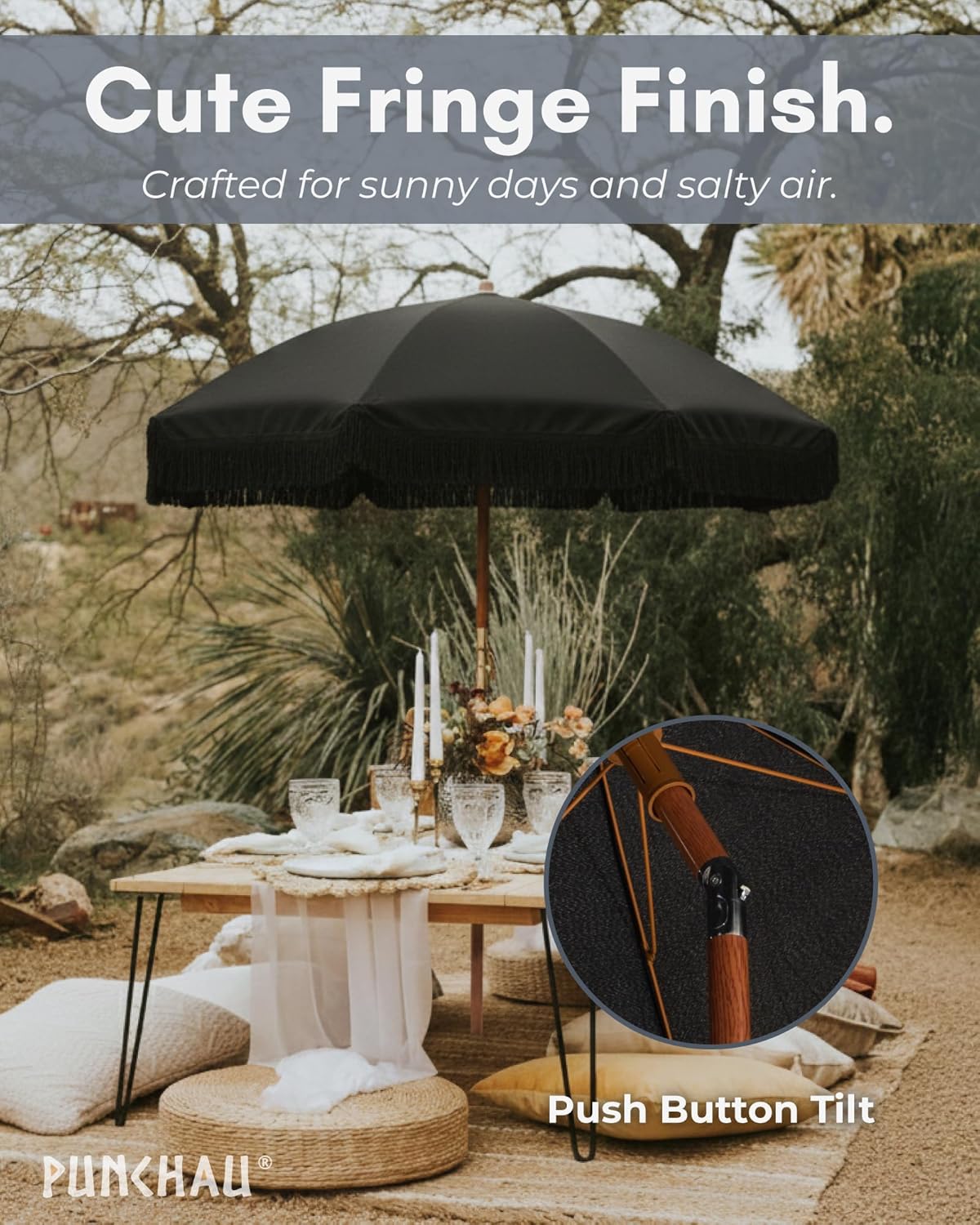 6 Ft Fringe Patio Umbrella - Outdoor Umbrellas for Patio, Pool, Table, Garden, Deck, Beach, and Outdoors - Fashionable Boho Vintage Tassels & Wood Print - Push Button Tilt Pole