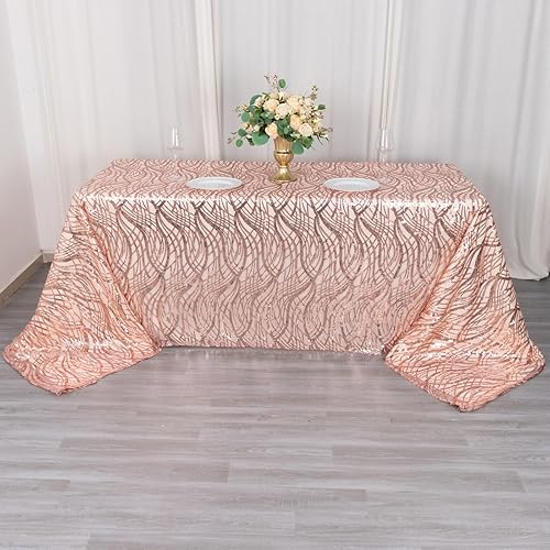 Miniatura 5 de TABLECLOTHSFACTORY - Mantel rectangular de lentejuelas bordadas con ondas de oro rosa rubor de 90 x 156 pulgadas