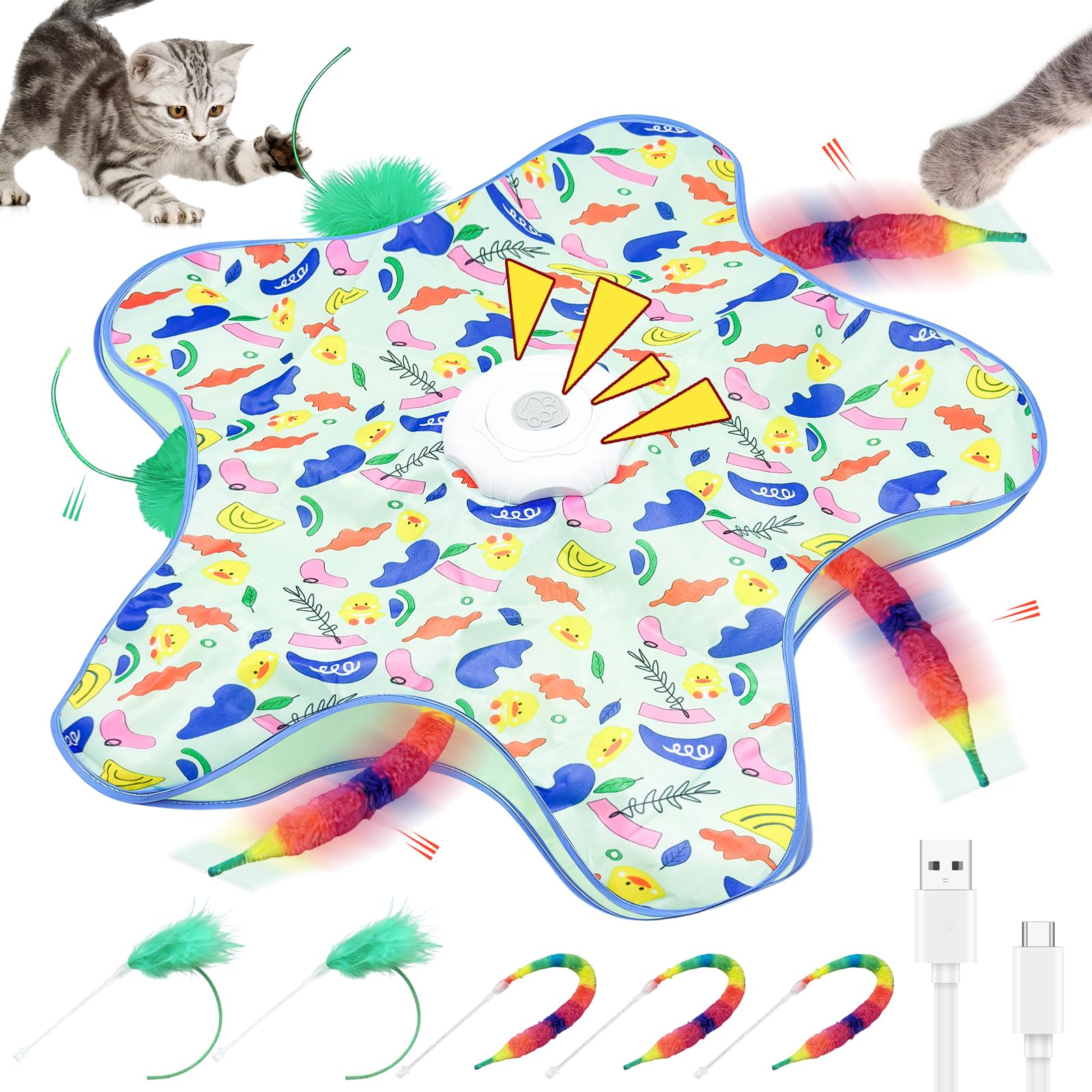 DVDVBOOM Interactive Cat Toys for Indoor, Electric Automatic Hide and Seek Cats Toy with Sound Effects for Cats Adult Kitten, 2026 New USB Rechargeable Cat Toy (Green with 5 * sticks)
