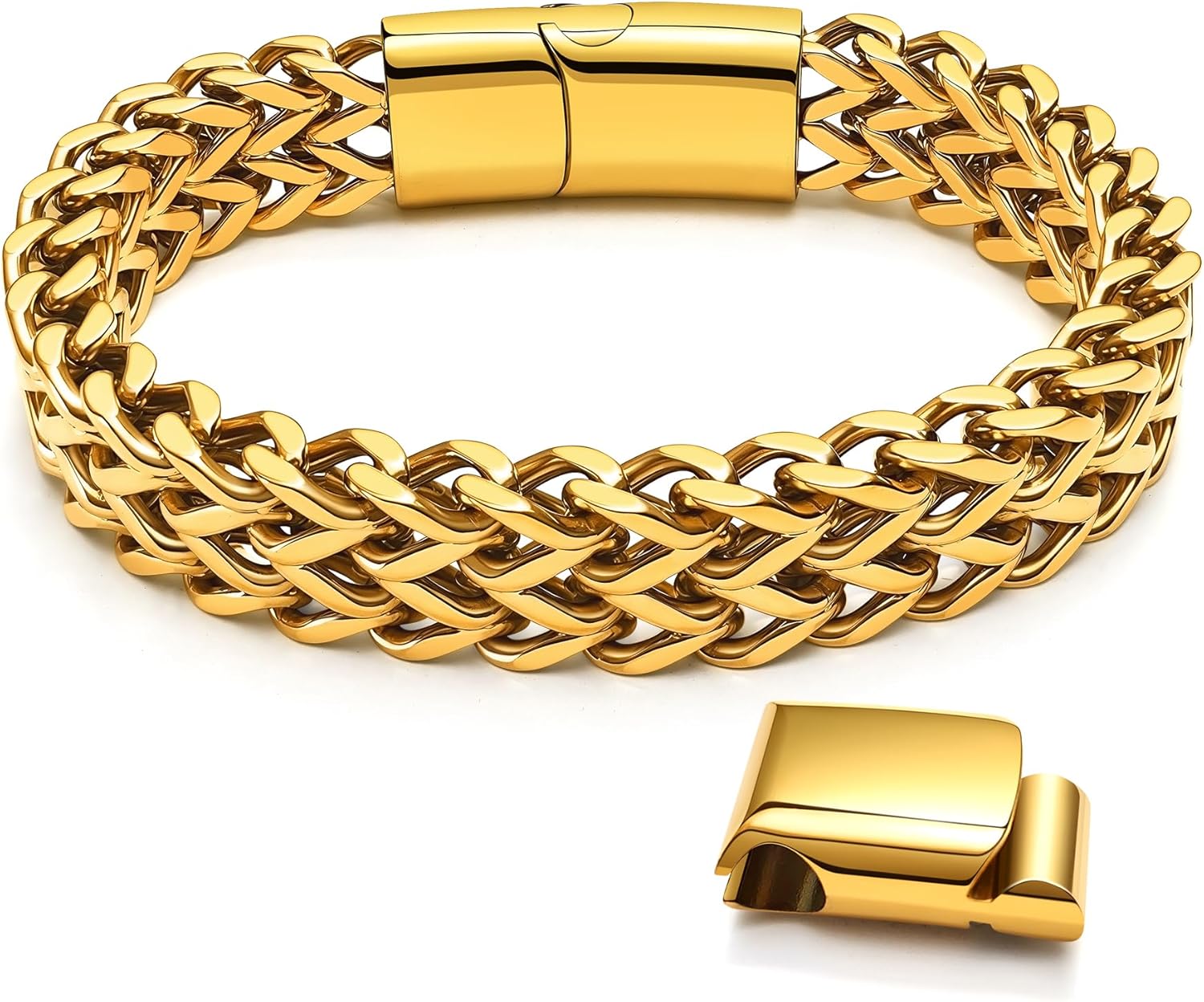 Stainless Steel Franco Chain Bracelets for Men - 6mm/8mm/10mm/12mm Width, 7.5"/8.3" Length, Black & 18K Metal, Durable and Adjustable Cuban Link Bracelet