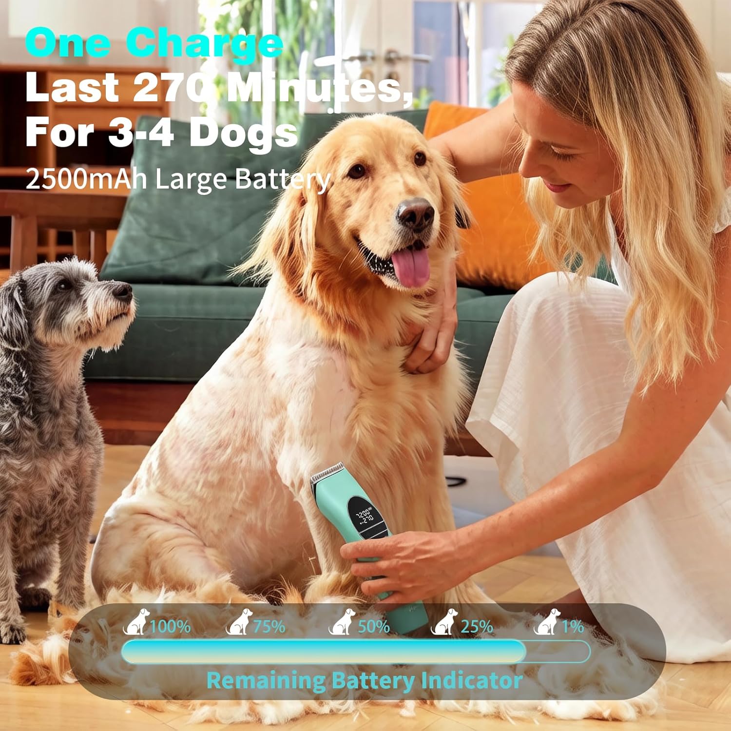 Professional Dog Clippers for Grooming Thick Coats, Heavy Duty High Power Pet Hair Clippers with 5-Speed 7200RPM, Cordless Dog Grooming Kit with Durable Metal Guide Combs & 4.5H Long Runtime