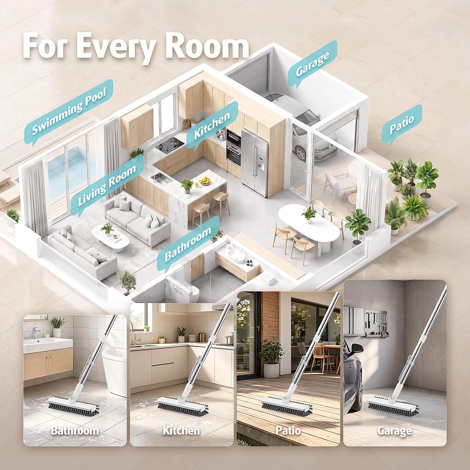 AIR U+ Floor Scrub Brush with Long Handle, 4 in 1 Floor Scrubber & Squeegee