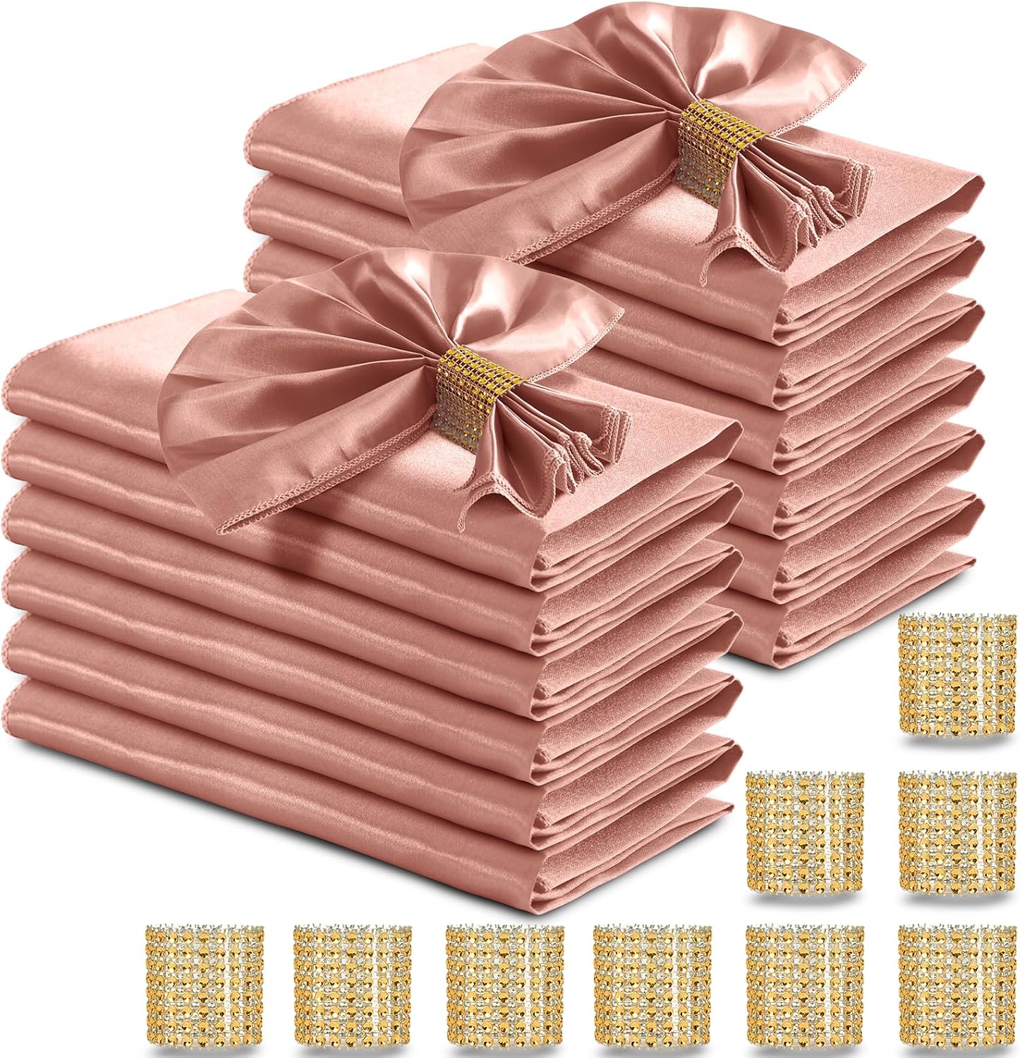 RUDONG M 100 Pcs Rose Gold Satin Napkins and Napkin Rings Set, 17 x 17 Inch Square Cloth Napkins Set of 50, Silky Soft Table Napkins Bulk for Weddings, Banquet, Parties Dinner Decoration