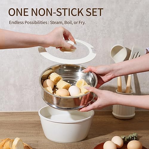 Miniatura 8 de Juego de 21 piezas de ollas y sartenes de cerámica, juego de ollas y sartenes antiadherentes, mango desmontable, apilable, juego de utensilios de