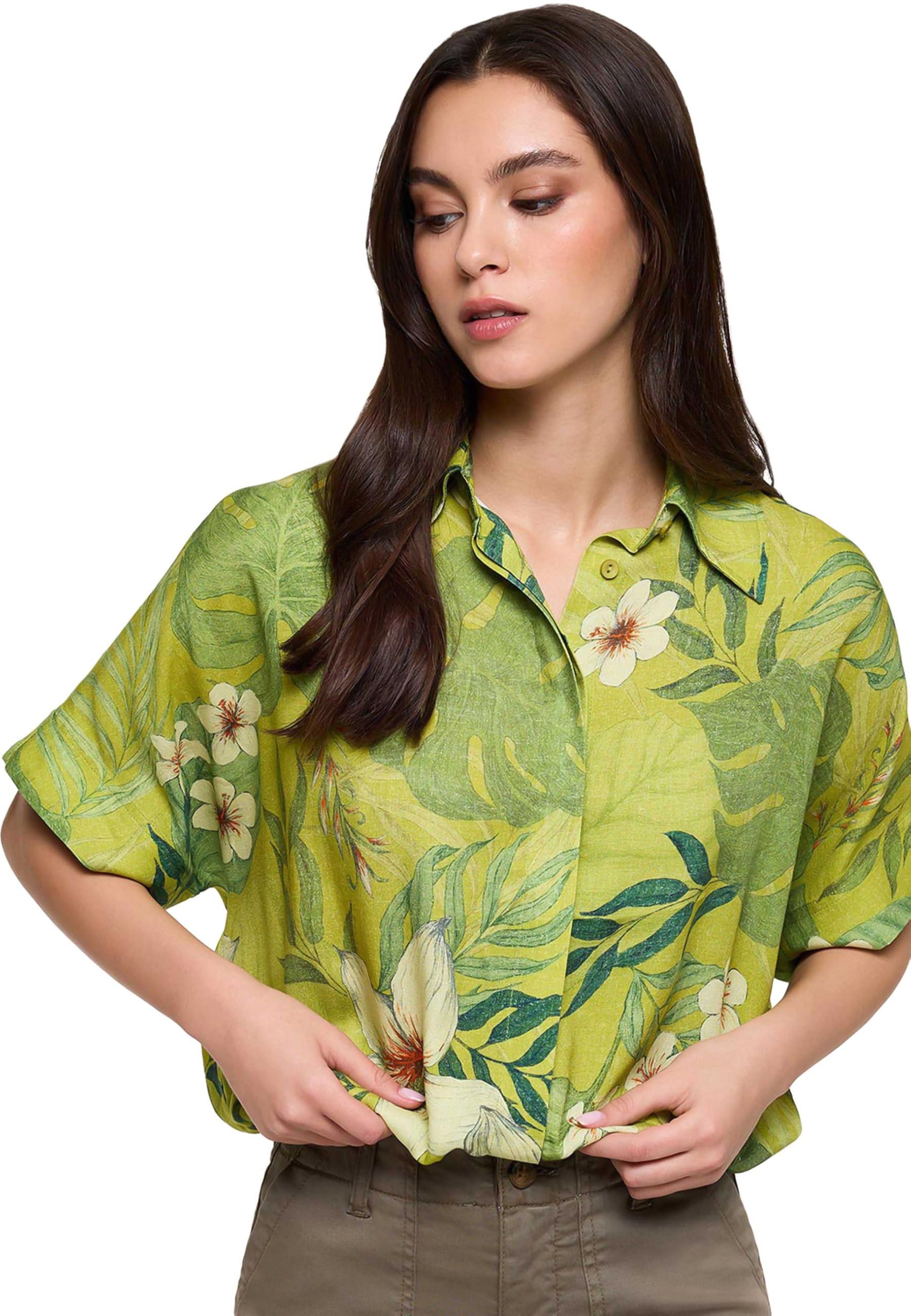 KOALA BAY | Leafiros | Camisa Mujer Verde Estampado Tropical | Blusa Manga Corta Fluida | Camiseta Botones Verano | Estilo Casual Fresco Moda