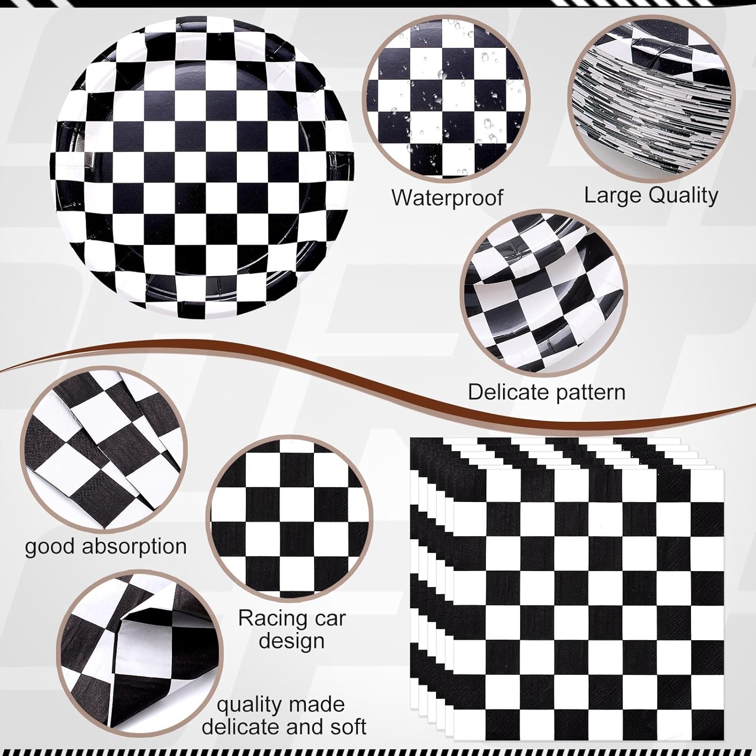 452 Pcs Checkered Flag Party Supplies for 50 Guests, Black and White Checkered Paper Plates Napkins Cups Tablecloth Cutlery Straws for Race Car Birthday Party Decorations - Image 2