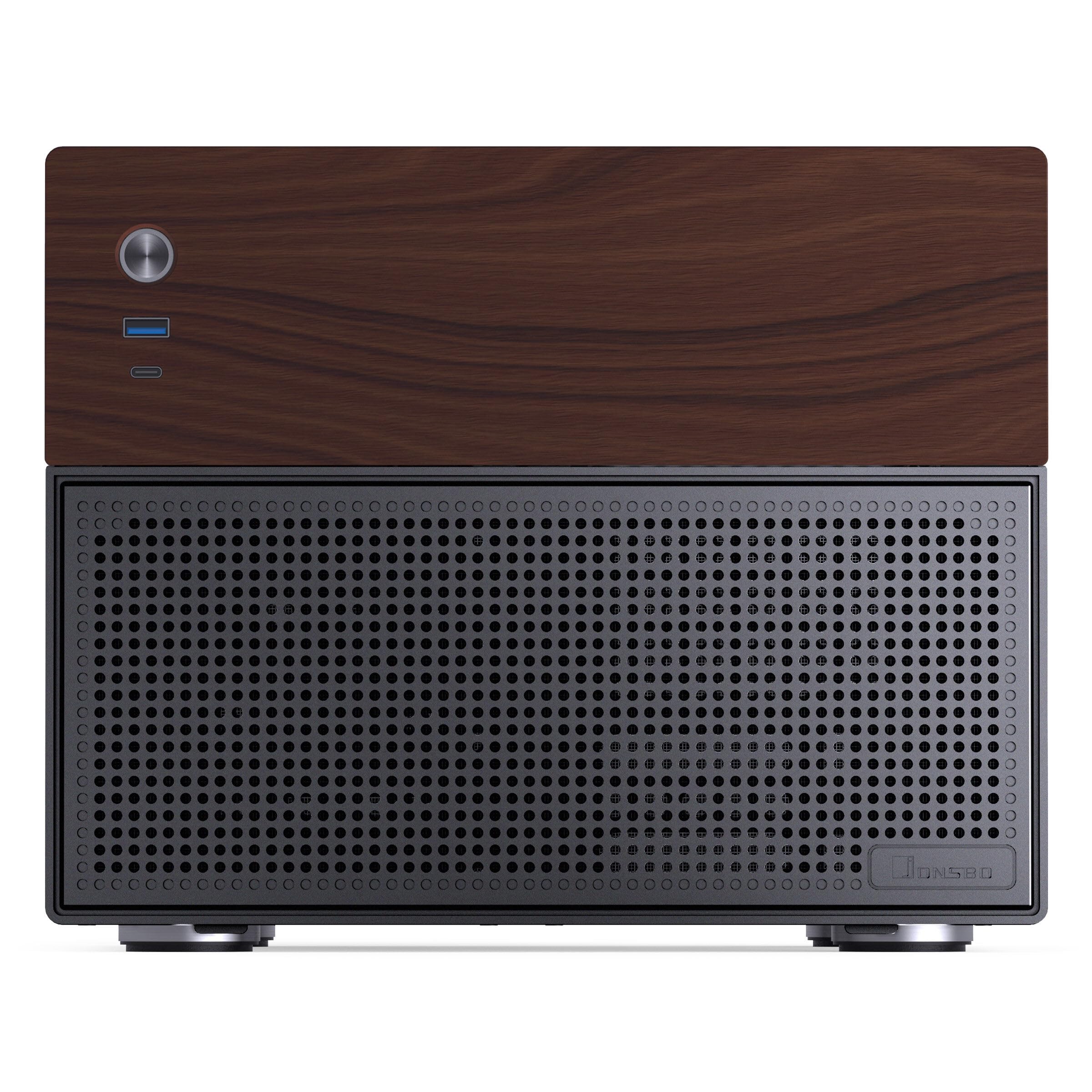 Jonsbo N4 NAS Gehäuse Schwarz – Kompaktes Micro-ATX Case für DIY-NAS, Platz für 6X 3,5" & 2X 2,5" HDDs, 4 Low-Profile-Slots, USB-C & USB-A, Holzdesign