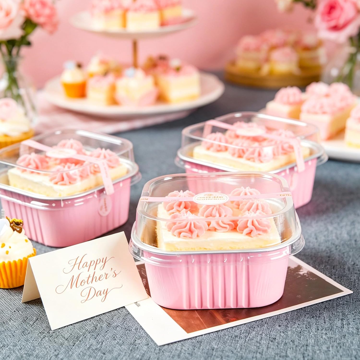 NPLUX 50 Pcs Mini Square Baking Cups with Lids and Spoons Aluminum Foil Mini Cake Pans with Lids Disposable Ramekins Cake Pans Dessert Cups for Wedding Mothers Day Party Favors(Pink,10oz)