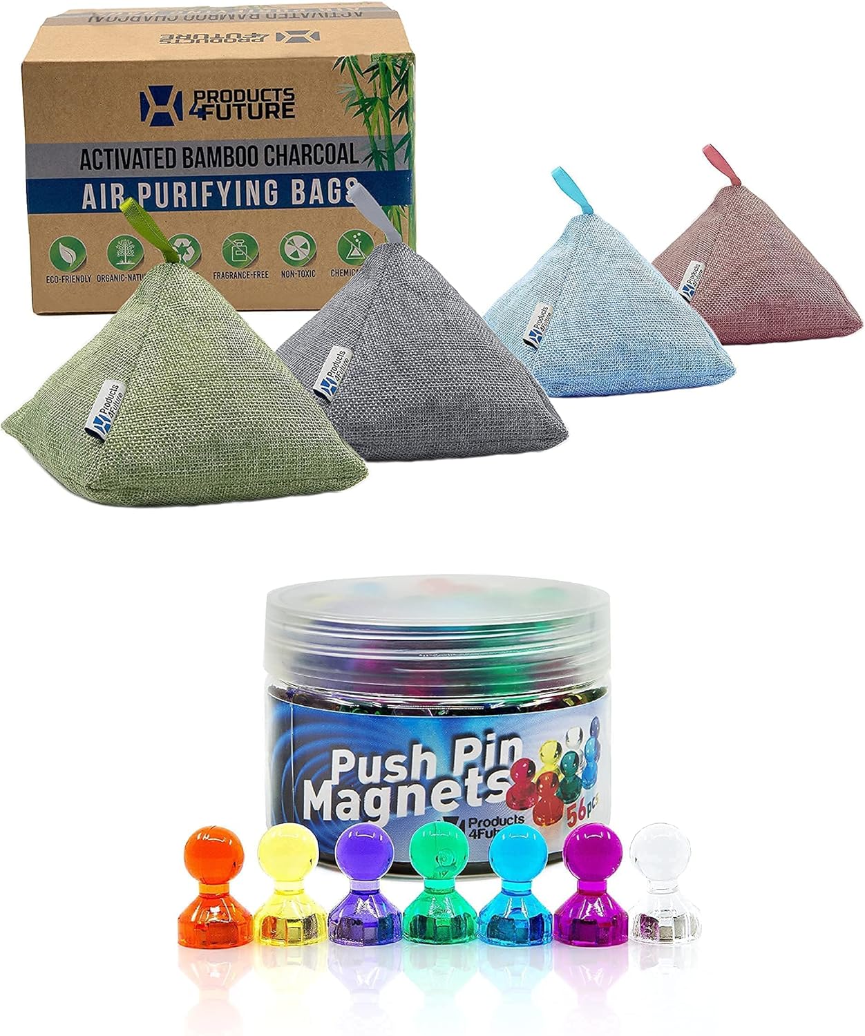 4 Pack of 200g Naturally Activated Bamboo Charcoal Air Purifying Bags & 56 Colorful Push Pin Magnets | Natural Home Deodorizer Bags | 7 Assorted Color Strong Magnetic Push Pins | Organic, Eco Friendly