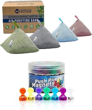 4 Pack of 200g Naturally Activated Bamboo Charcoal Air Purifying Bags & 56 Colorful Push Pin Magnets | Natural Home Deodorizer Bags | 7 Assorted Color Strong Magnetic Push Pins | Organic, Eco Friendly