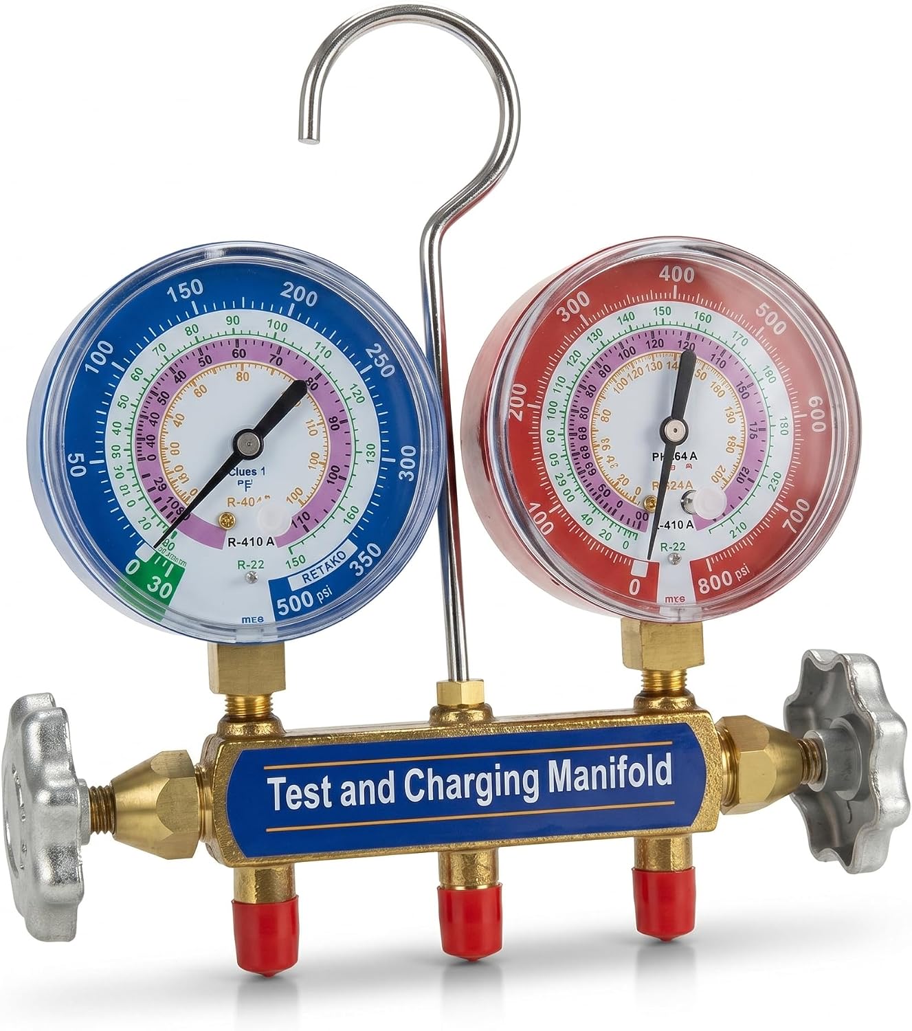 2-Valve A2L Manifold with 3-1/8" Gauges for R32/R454B/R410A Refrigerants, HVAC Service Manifold with 1% Accuracy (60" Plus II R/Y/B Hoses)