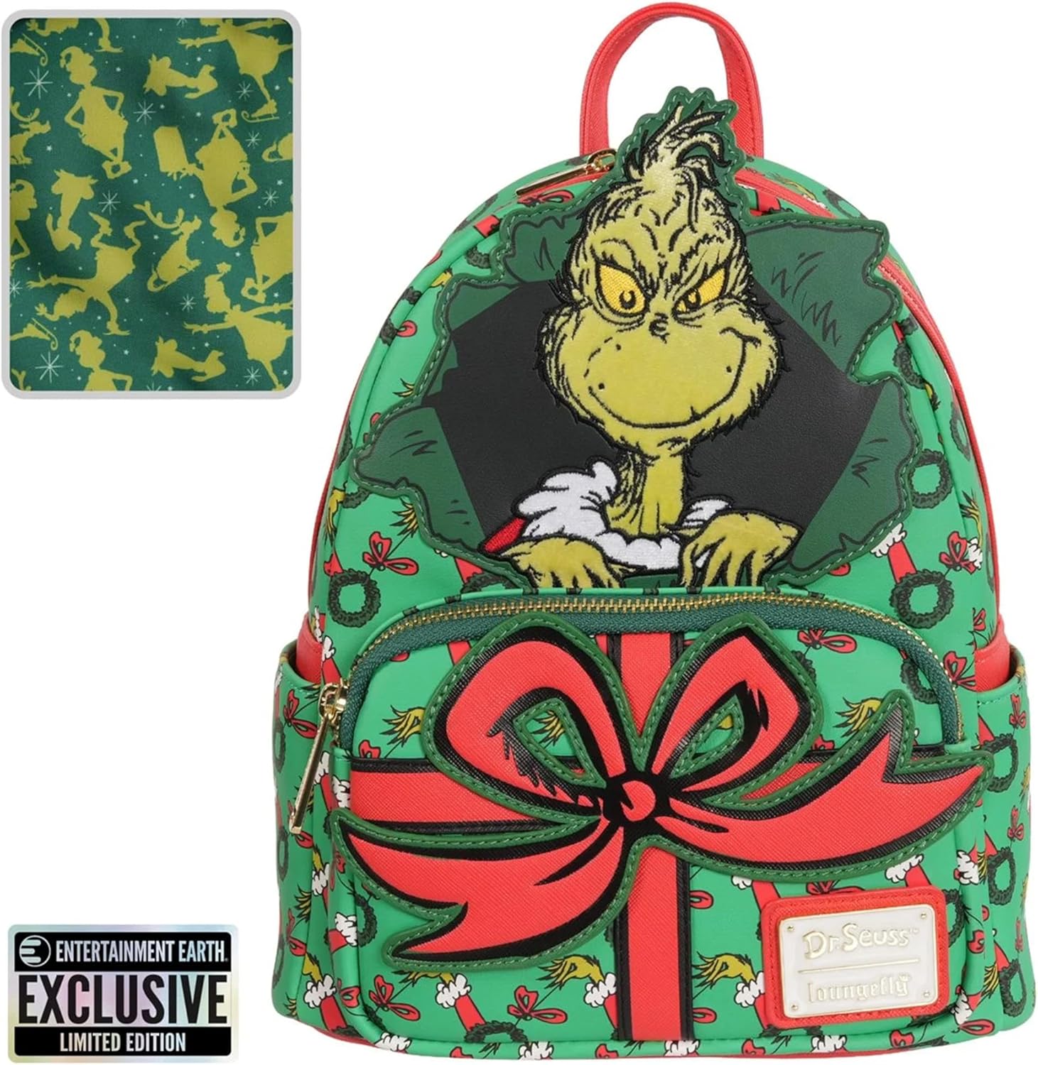 Loungefly How the Grinch Stole Christmas Mini-Backpack | Entertainment Earth Exclusive | Grinch Velvet Applique, Faux Leather, Holiday Limited Edition