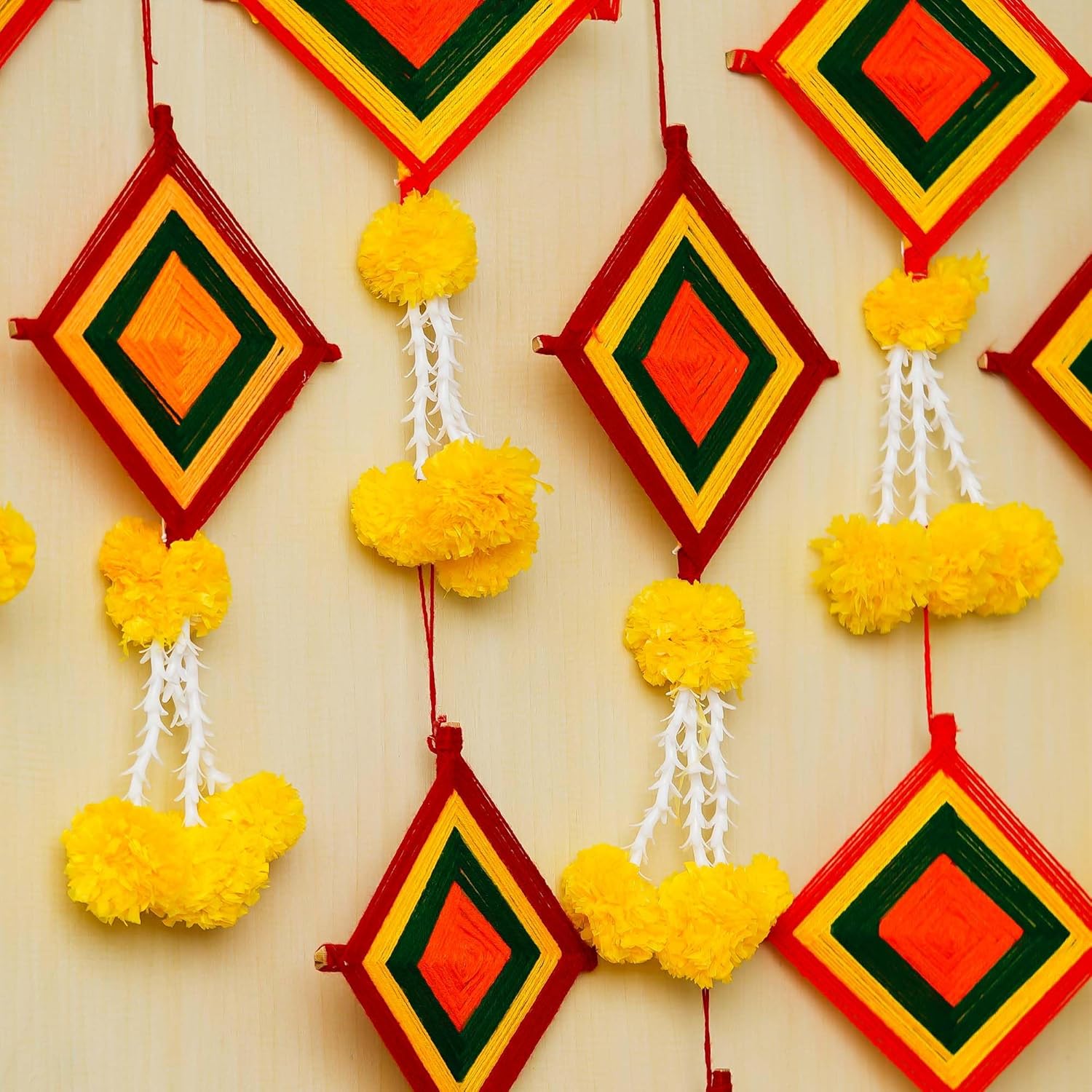 USP-Tradex Artificial Marigold Flowers and Woolen Kite Hangings – (Pack of 10)